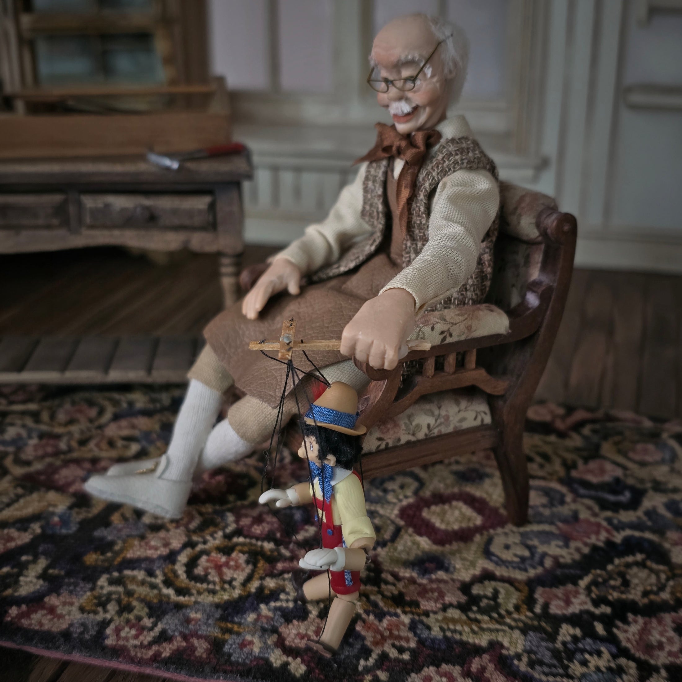 Geppetto and Pinocchio Puppet OOAK Clay Dollhouse Doll Figures 1:12 Scale