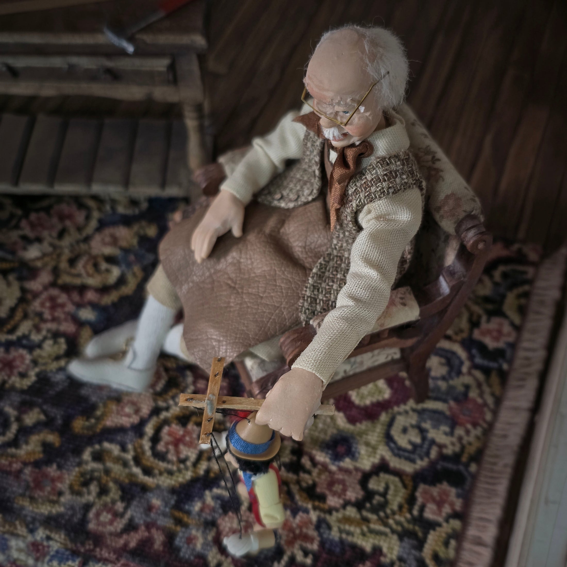 Geppetto and Pinocchio Puppet OOAK Clay Dollhouse Doll Figures 1:12 Scale