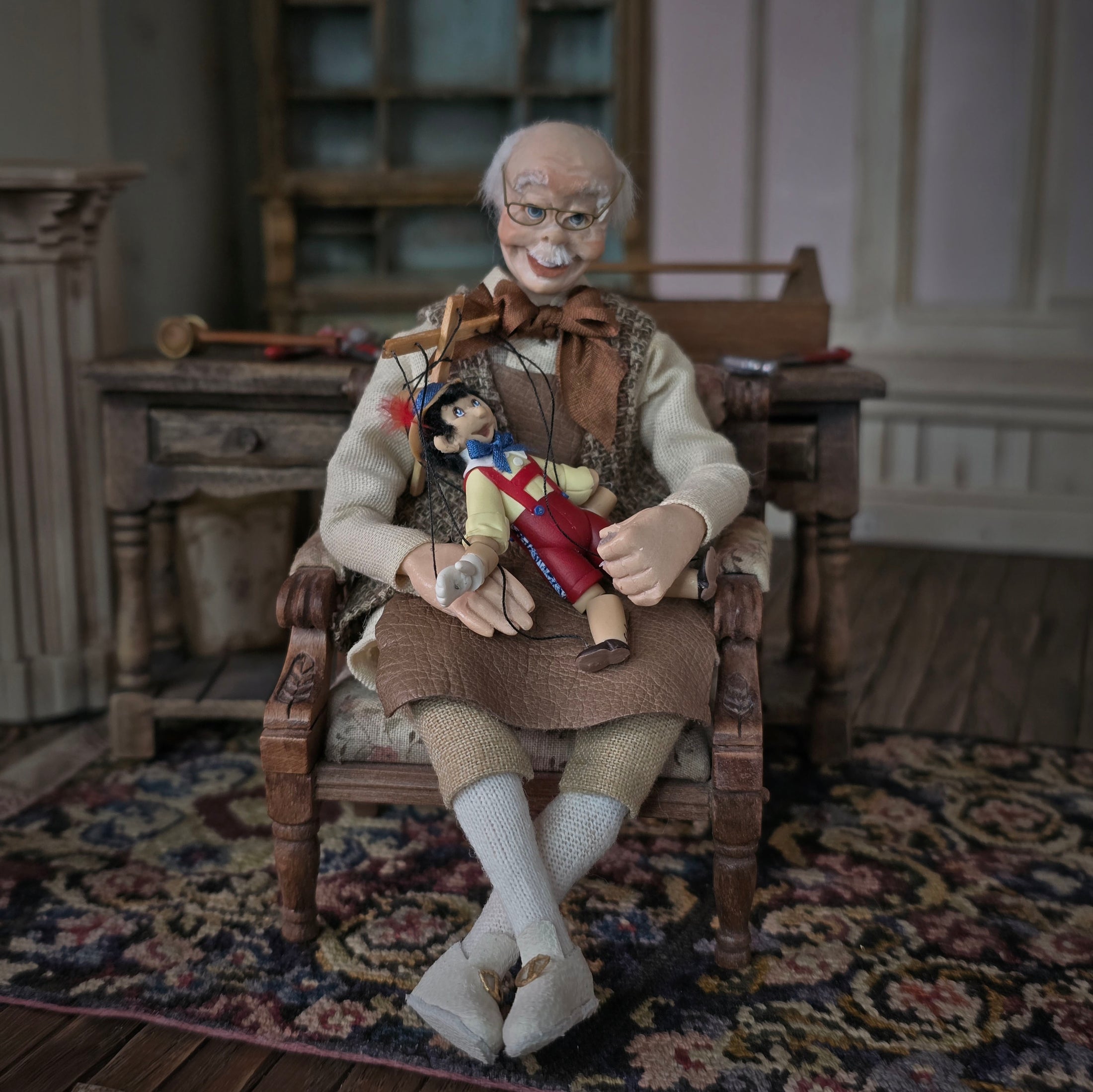 Geppetto and Pinocchio Puppet OOAK Clay Dollhouse Doll Figures 1:12 Scale