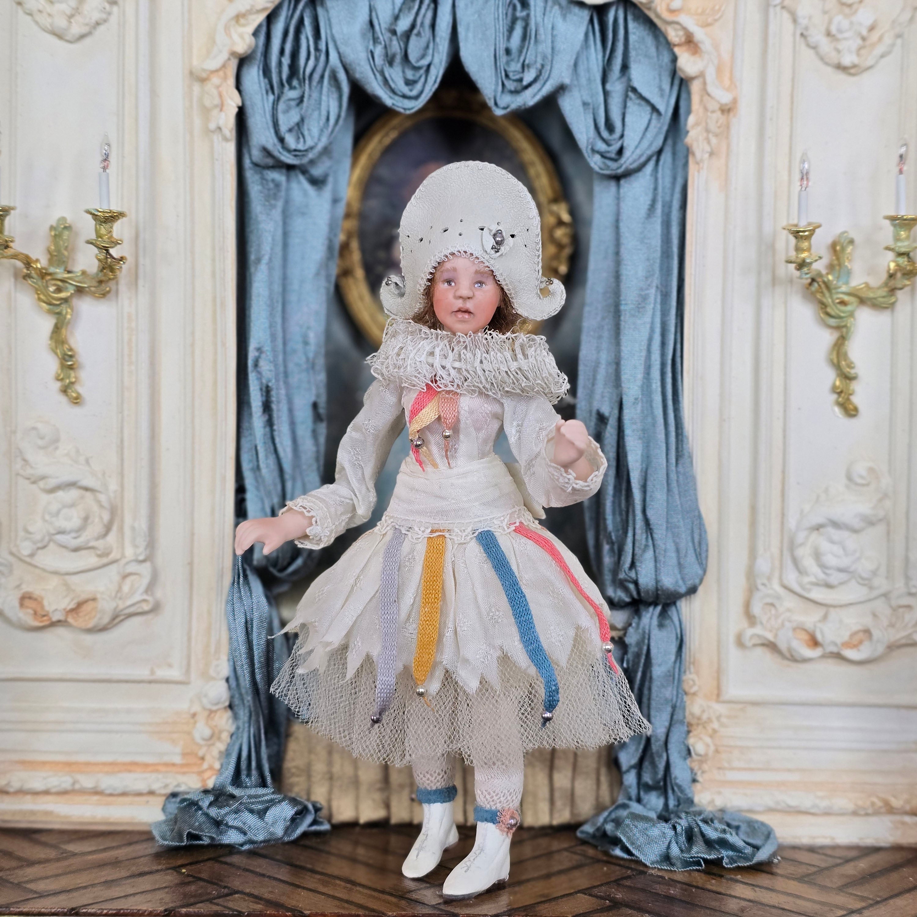 Angelika Mannersdorfer OOAK Fantasy Pierrot Porcelain Dollhouse Doll with Leather Hat
