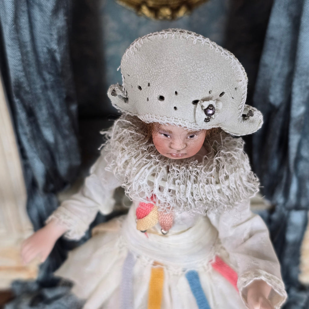Angelika Mannersdorfer OOAK Fantasy Pierrot Porcelain Dollhouse Doll with Leather Hat