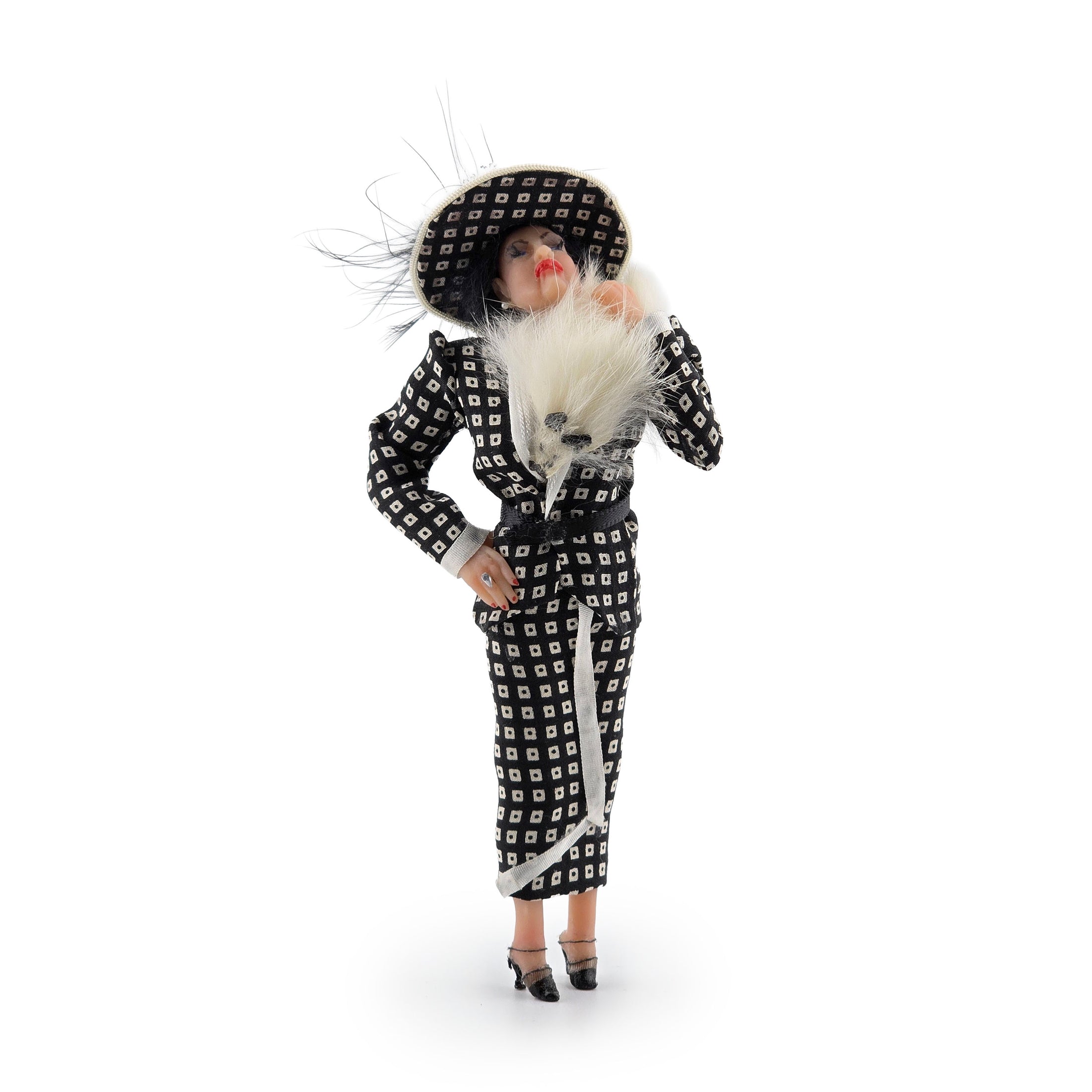 Mature Society Lady Dollhouse Doll With Faux Fox Stole & Eyelashes Artisan Clay Figure