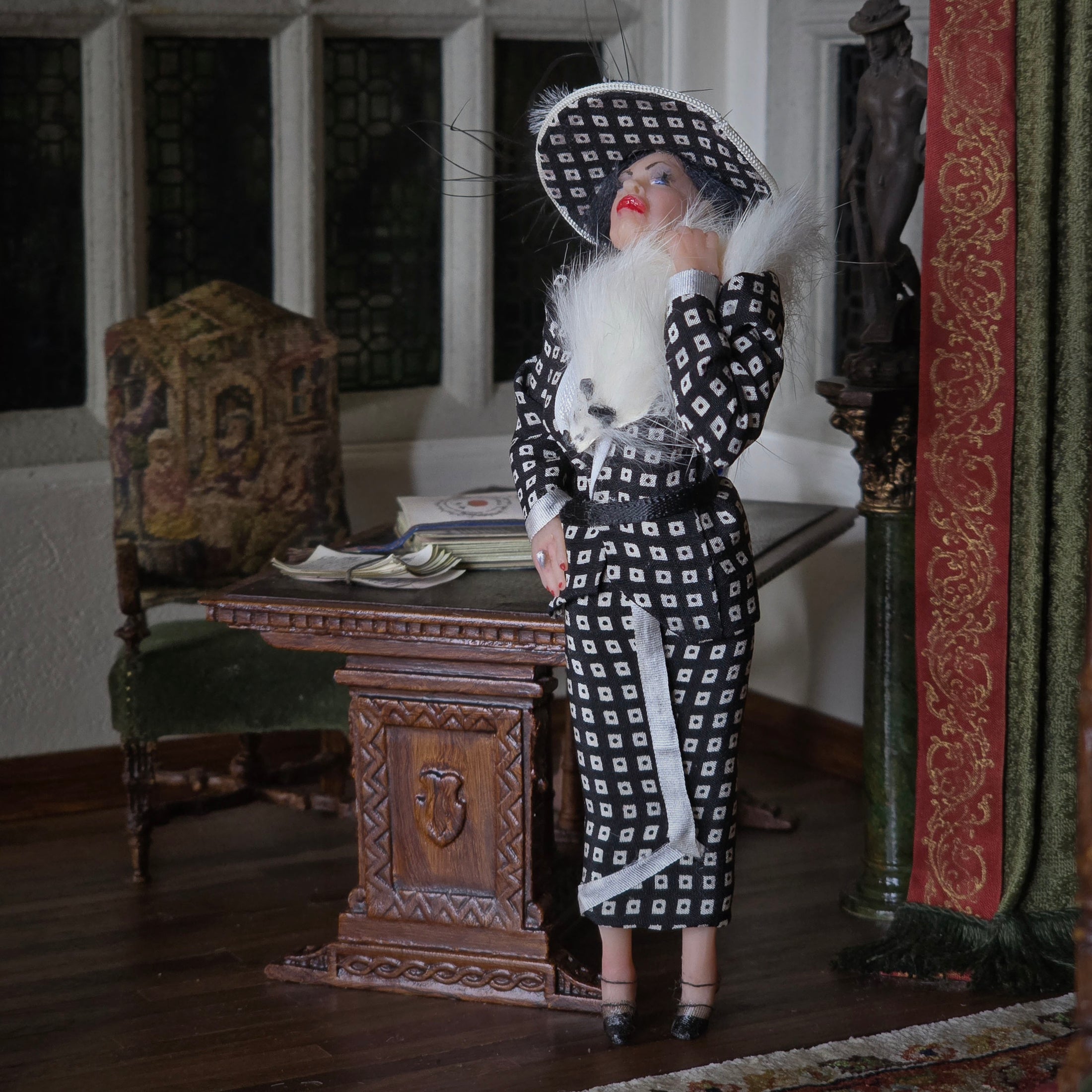 Mature Society Lady Dollhouse Doll With Faux Fox Stole & Eyelashes Artisan Clay Figure