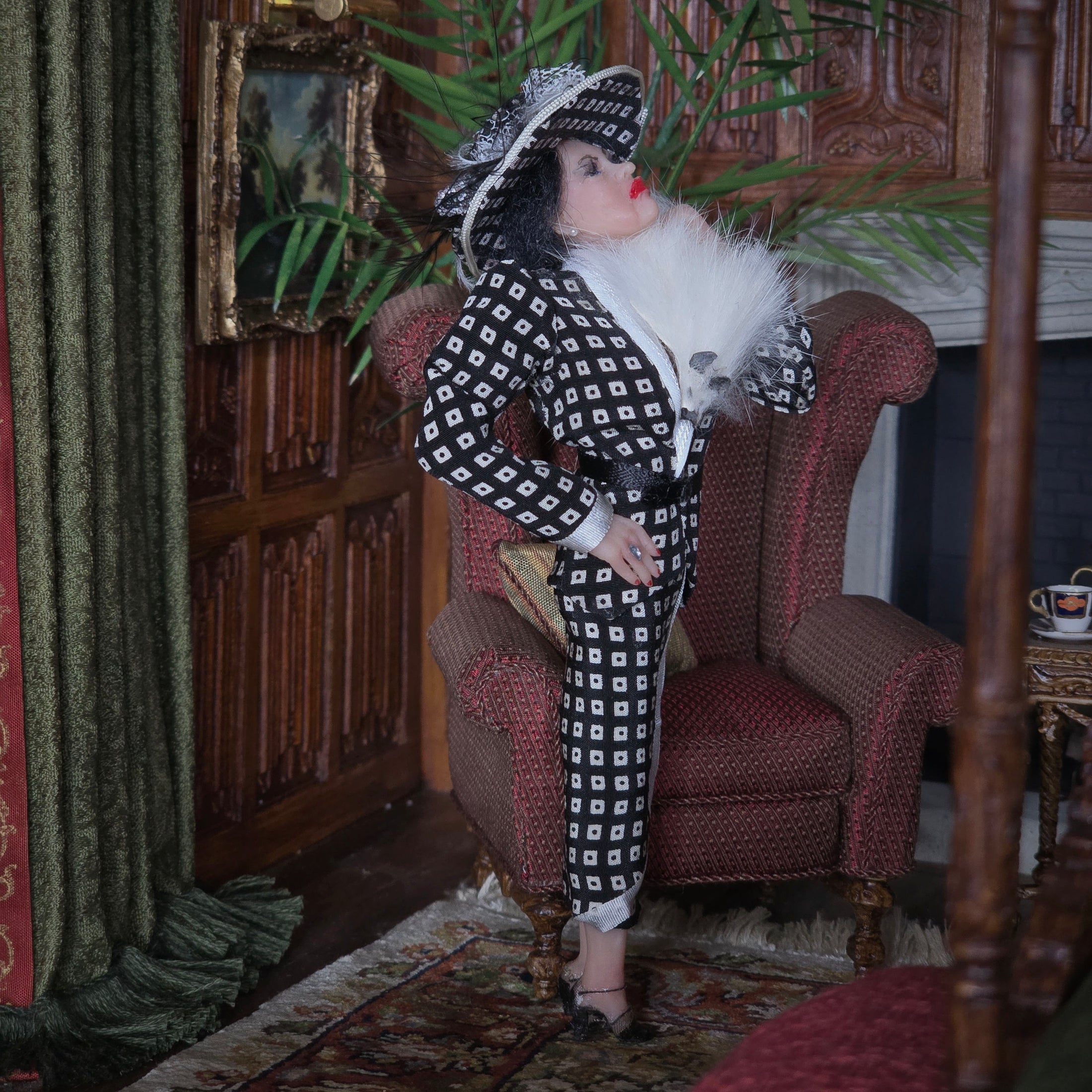 Mature Society Lady Dollhouse Doll With Faux Fox Stole & Eyelashes Artisan Clay Figure