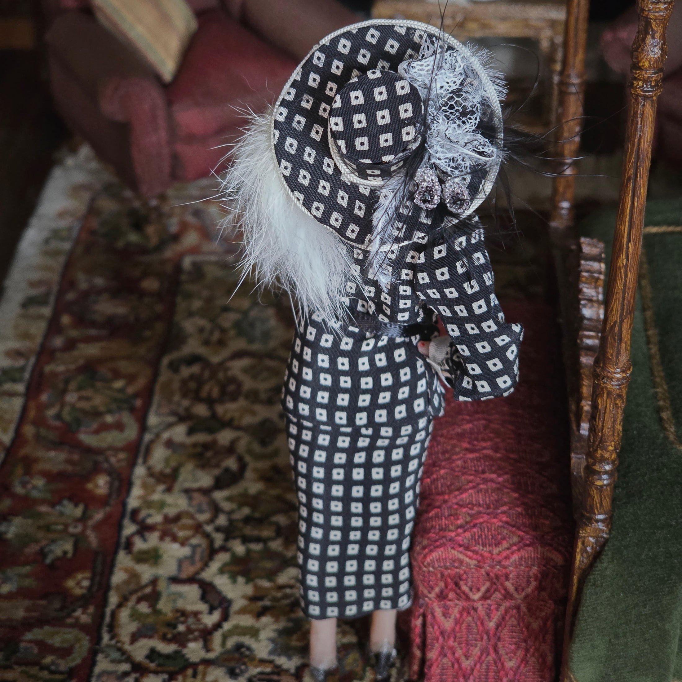Mature Society Lady Dollhouse Doll With Faux Fox Stole & Eyelashes Artisan Clay Figure