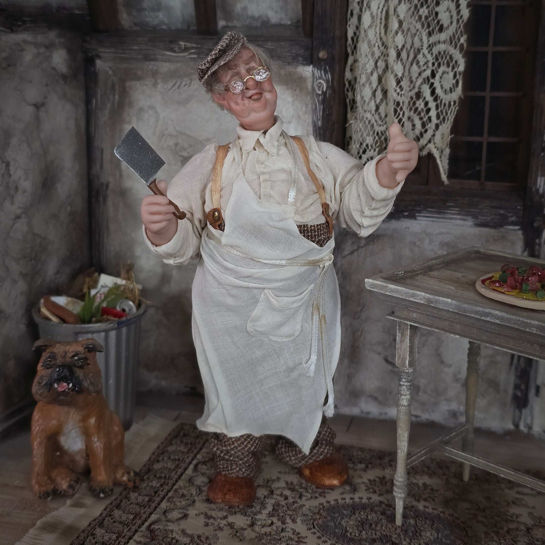 Gudrun Kolenda OOAK Clay Chubby Butcher Man Dollhouse Character with Cleaver