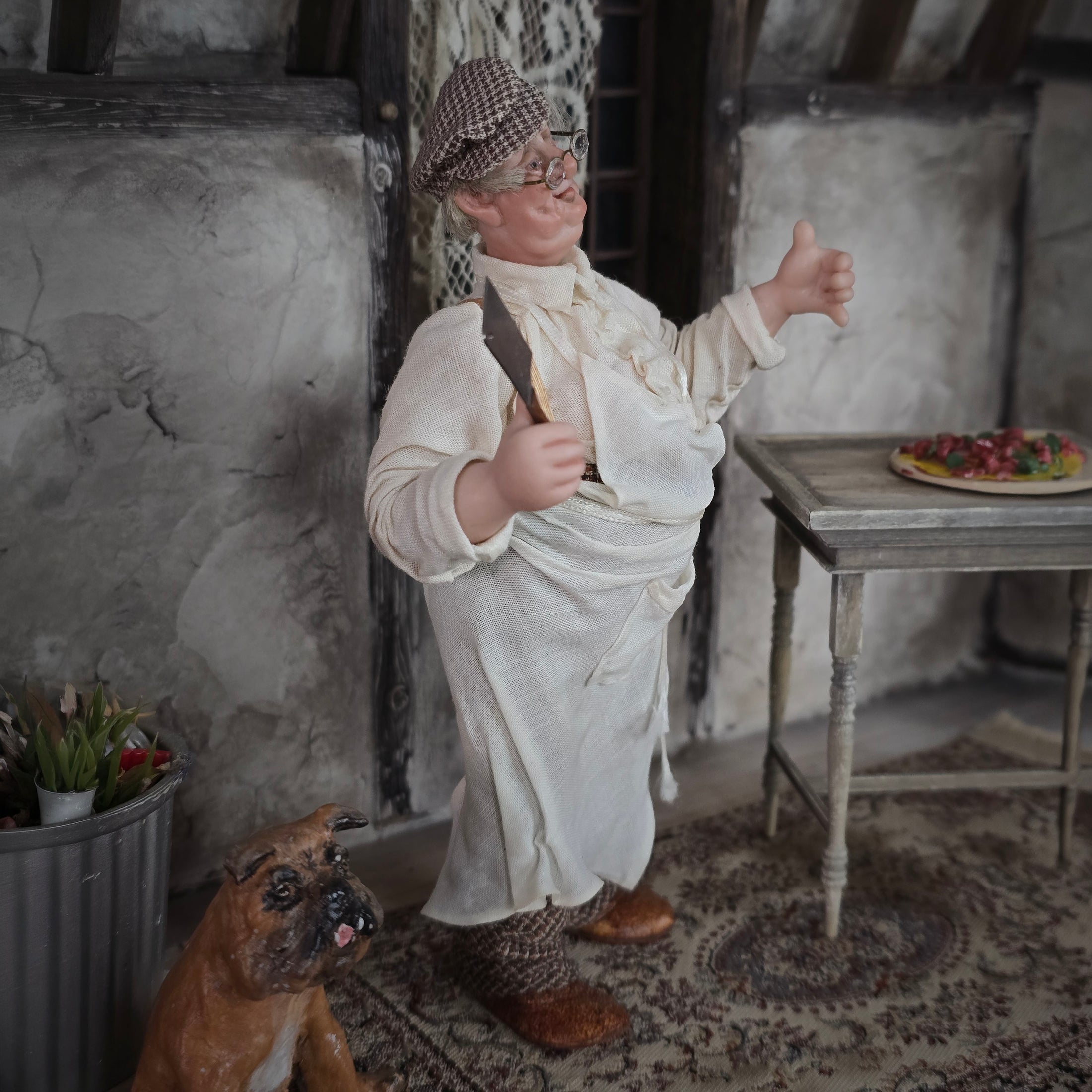 Gudrun Kolenda OOAK Clay Chubby Butcher Man Dollhouse Character with Cleaver