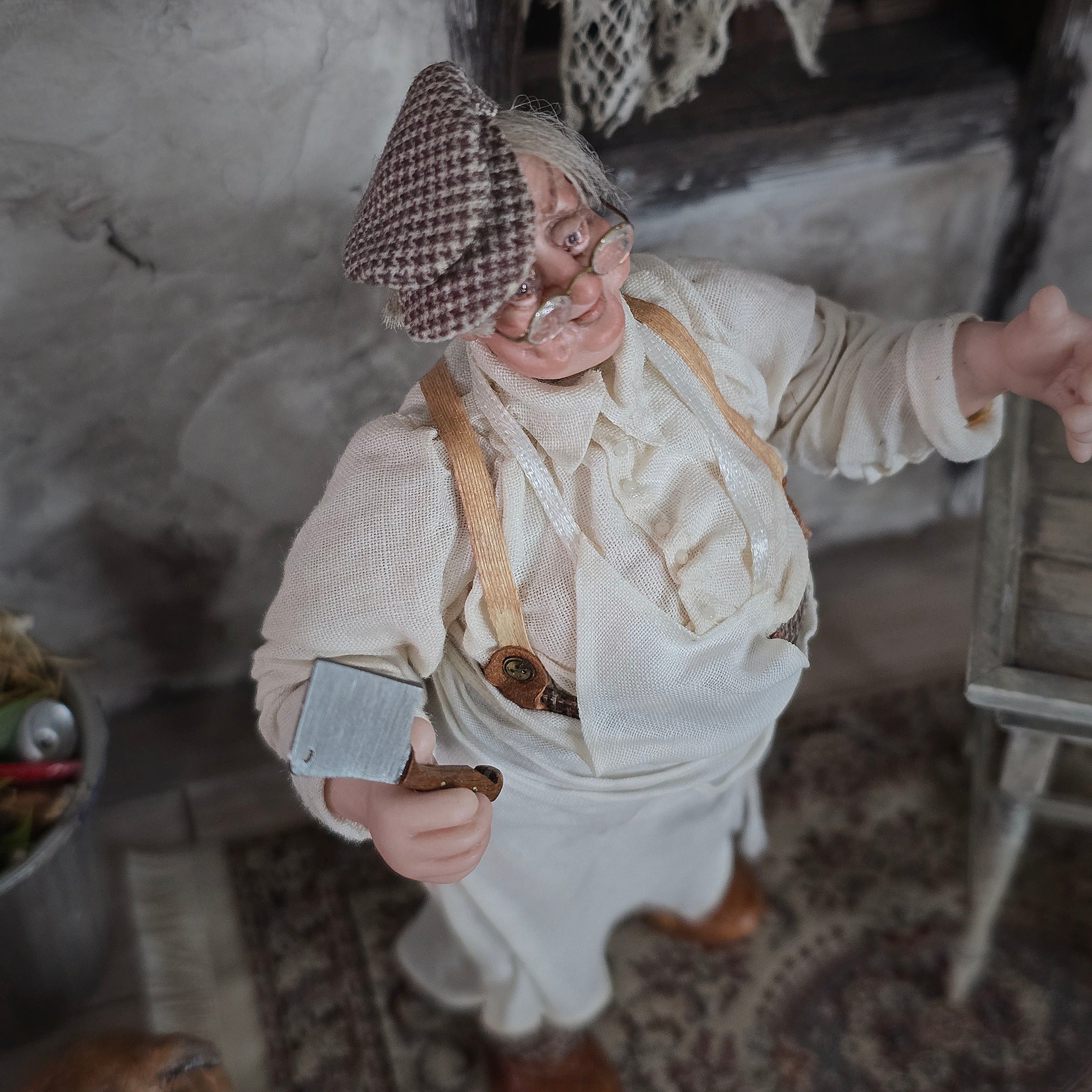 Gudrun Kolenda OOAK Clay Chubby Butcher Man Dollhouse Character with Cleaver