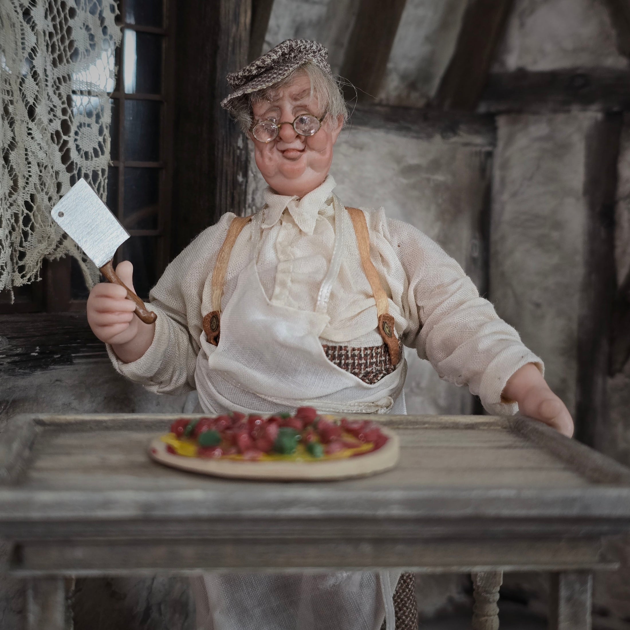 Gudrun Kolenda OOAK Clay Chubby Butcher Man Dollhouse Character with Cleaver