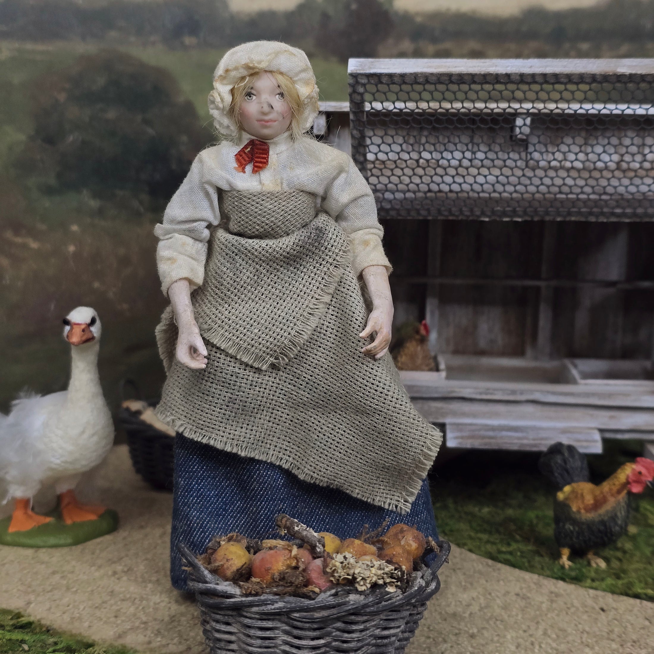 OOAK English Tired Victorian Servant Lady Doll Porcelain Weighted 1:12 Dollhouse