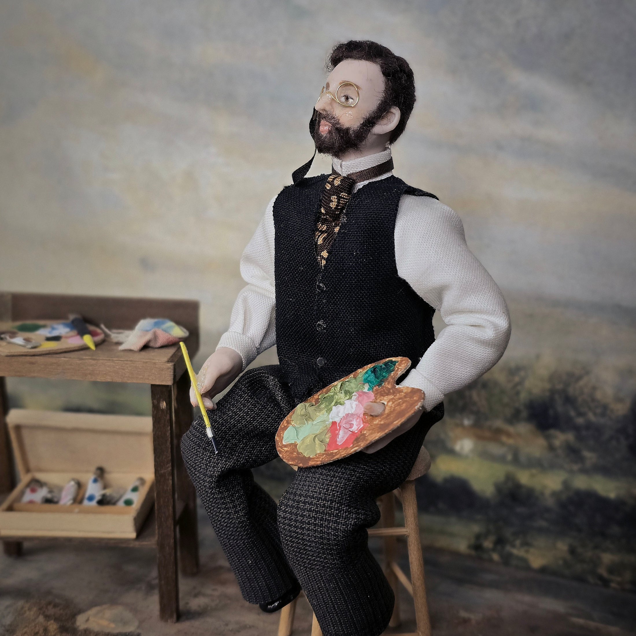 Victorian Artist Gentleman Doll with Palette & Studio Set OOAK Character
