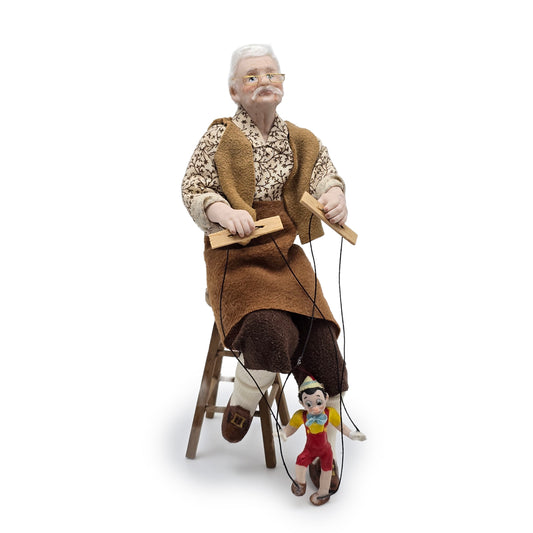 Geppetto & Pinocchio Dollhouse Doll Scene w Stool, Artisan Porcelain Character Set