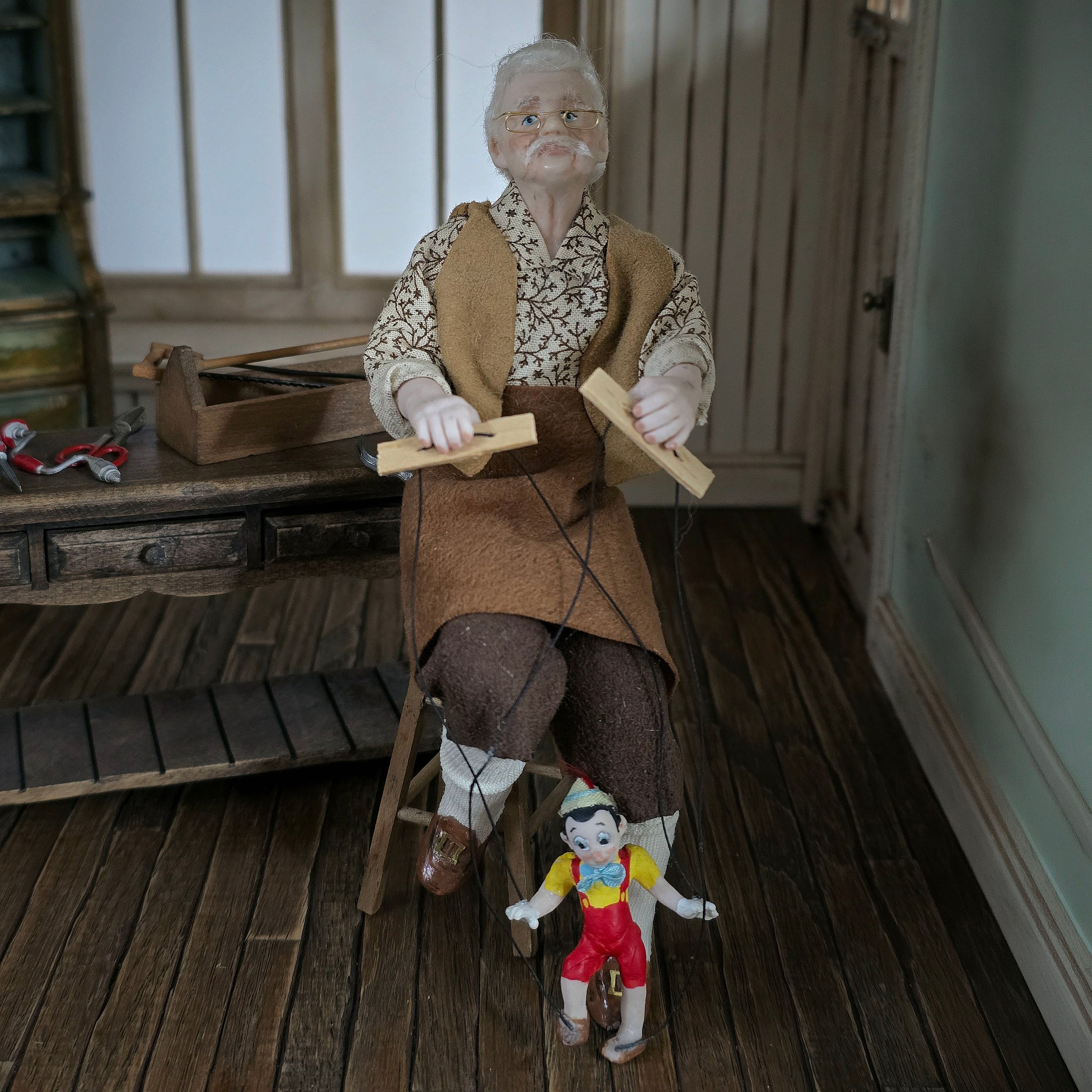 Geppetto & Pinocchio Dollhouse Doll Scene w Stool, Artisan Porcelain Character Set