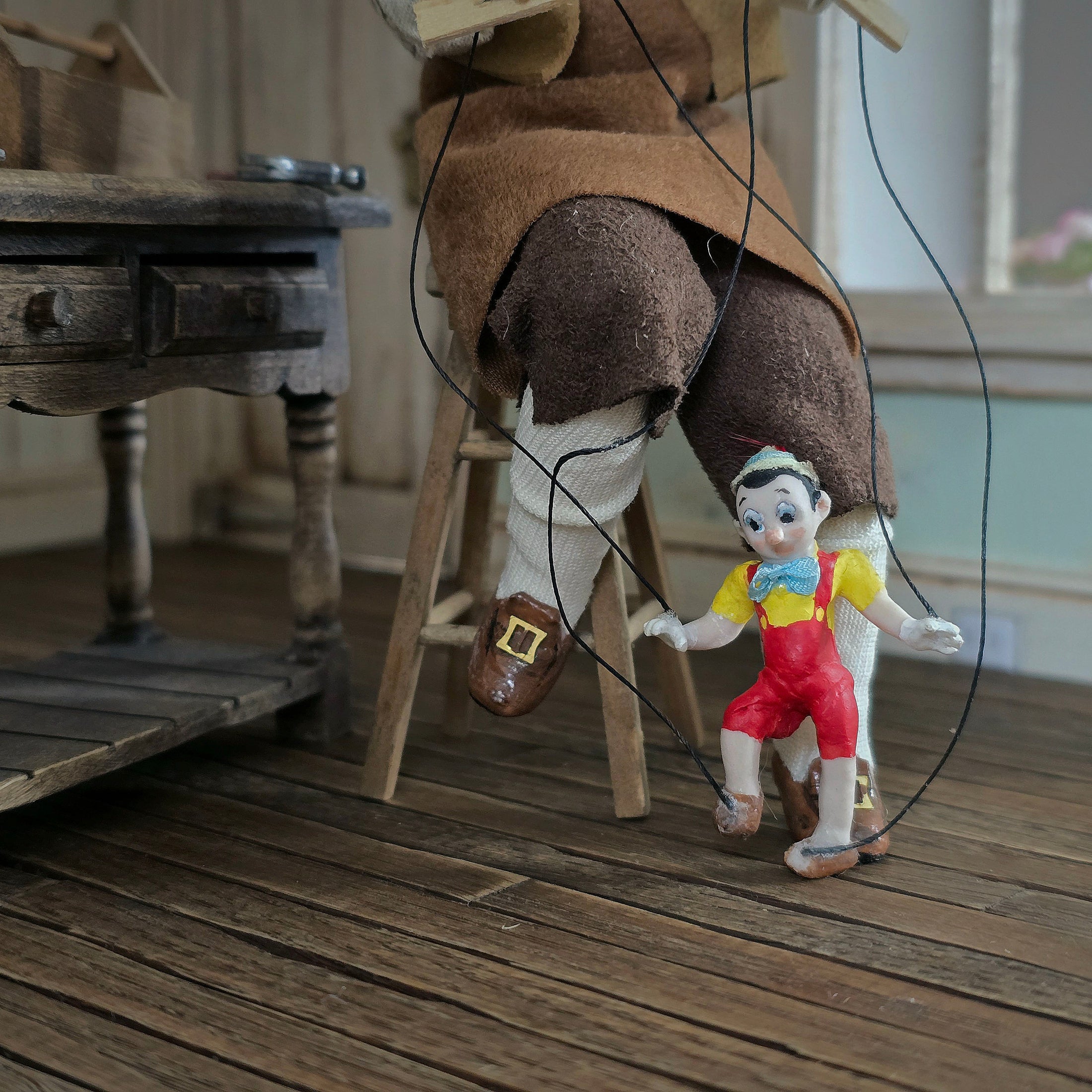 Geppetto & Pinocchio Dollhouse Doll Scene w Stool, Artisan Porcelain Character Set