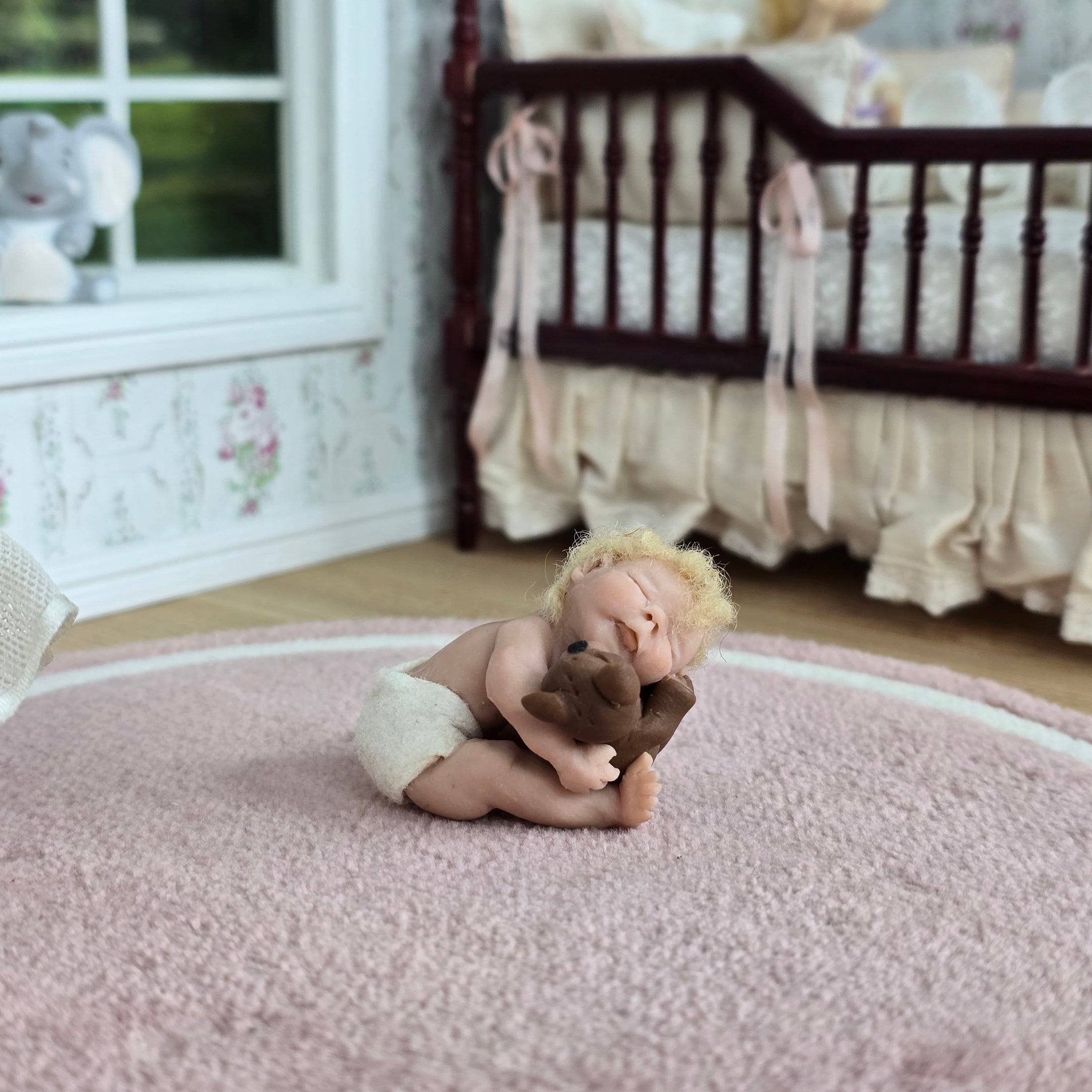 Sleeping Infant Baby Boy Dollhouse Doll With His Teddy Bear OOAK Artisan Signed