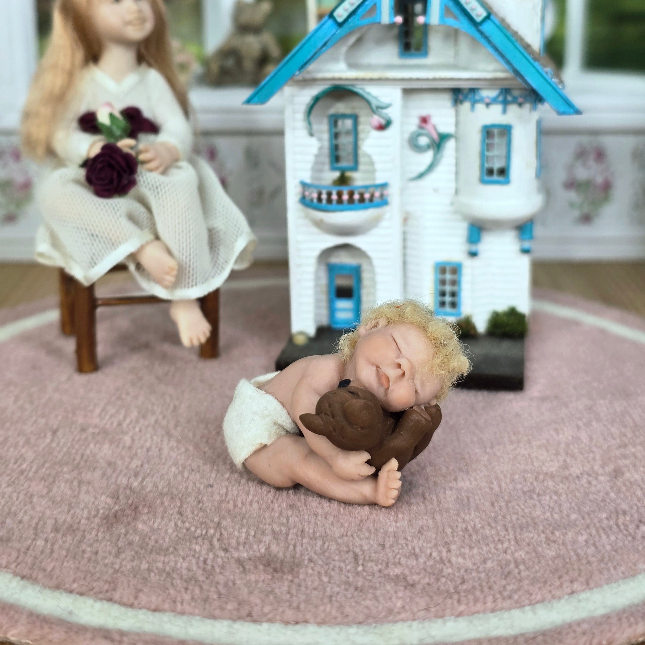 Sleeping Infant Baby Boy Dollhouse Doll With His Teddy Bear OOAK Artisan Signed