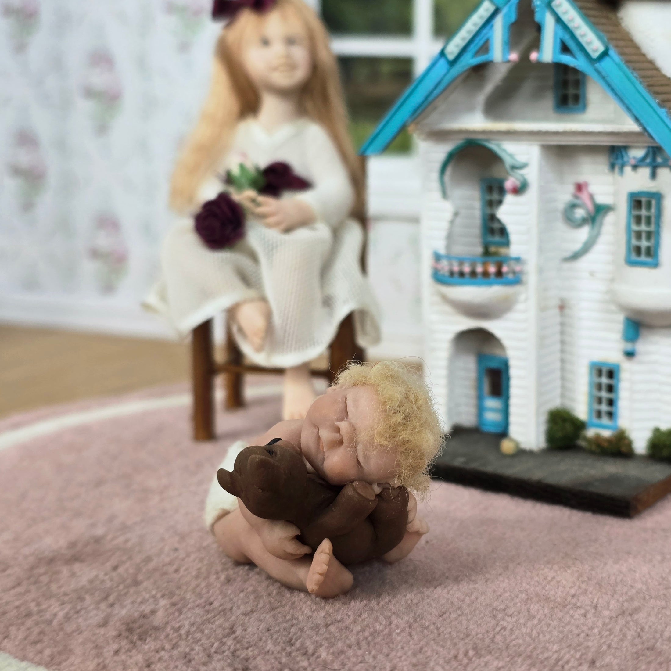 Sleeping Infant Baby Boy Dollhouse Doll With His Teddy Bear OOAK Artisan Signed