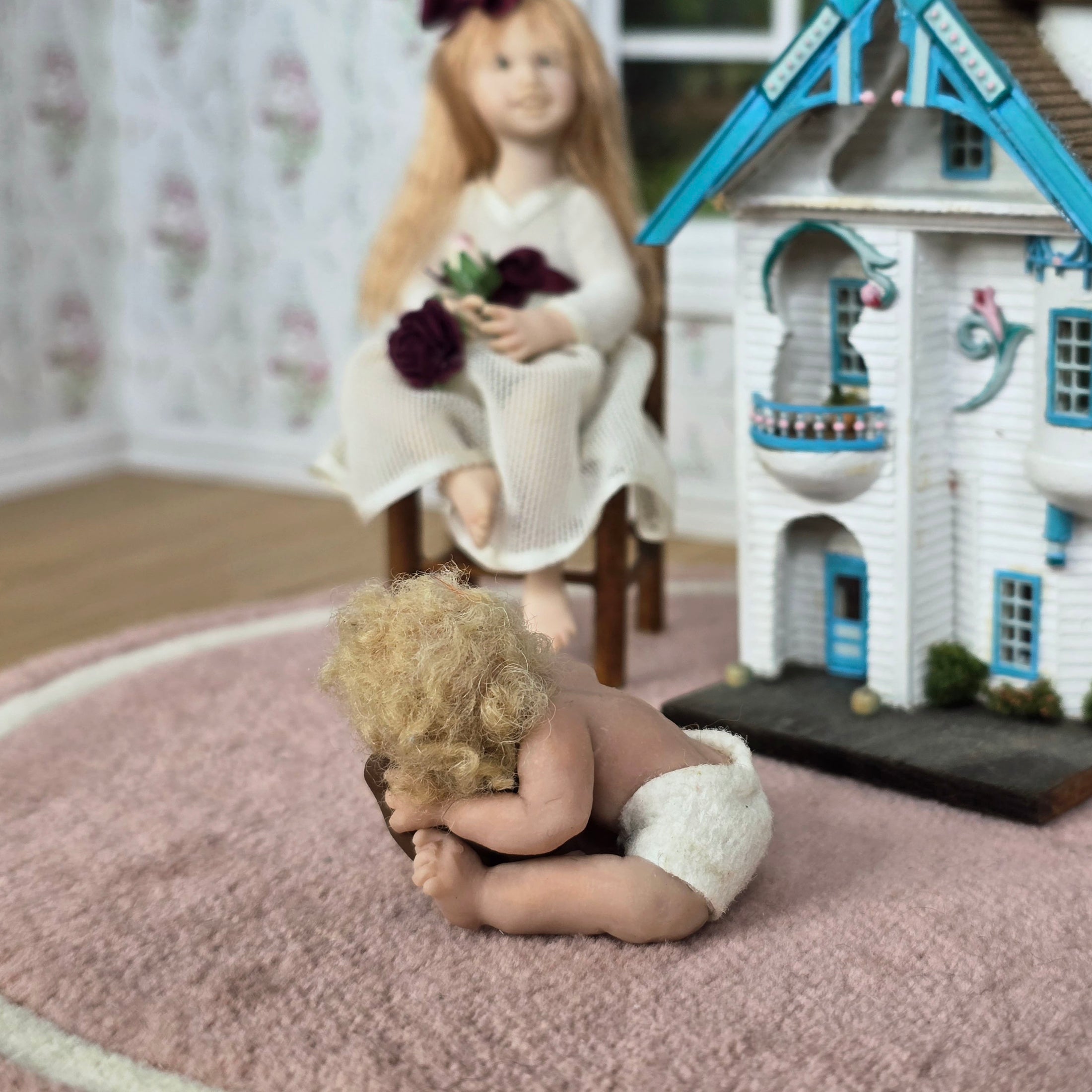 Sleeping Infant Baby Boy Dollhouse Doll With His Teddy Bear OOAK Artisan Signed