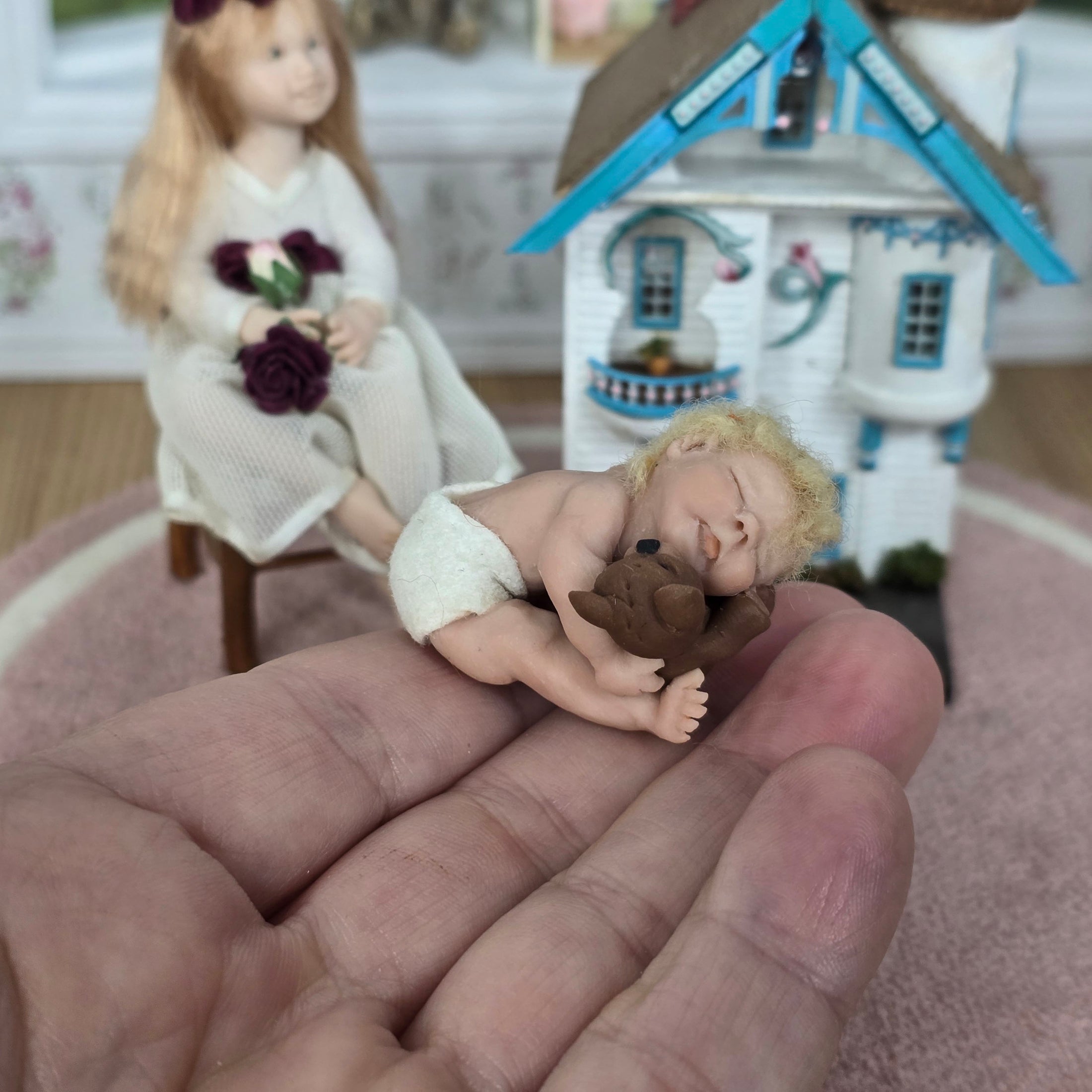 Sleeping Infant Baby Boy Dollhouse Doll With His Teddy Bear OOAK Artisan Signed