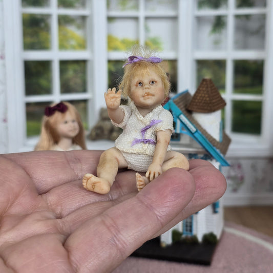 Seated Infant Baby Girl With Purple Ribbons OOAK Artisan Clay Miniature Doll
