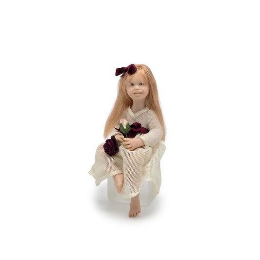 OOAK Clay Carol McBride Seated Little Girl Dollhouse Doll With Roses