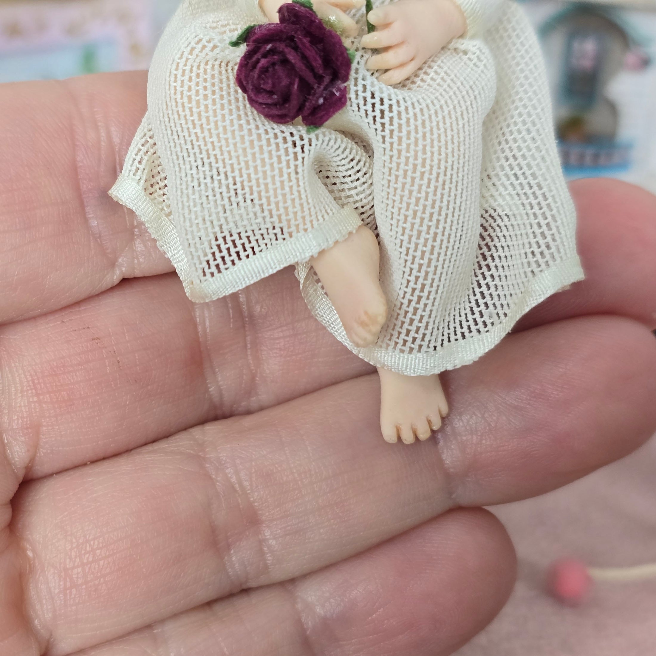 OOAK Clay Carol McBride Seated Little Girl Dollhouse Doll With Roses
