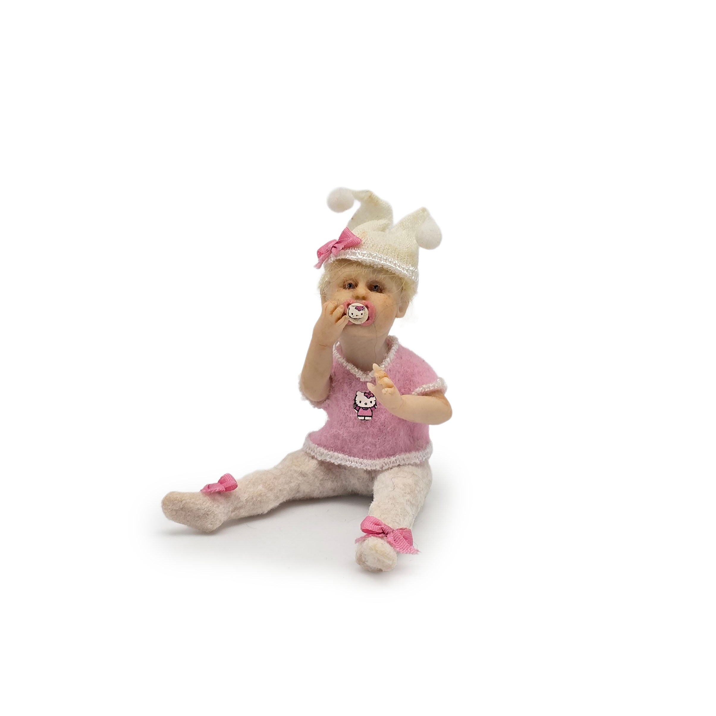 OOAK Hello Kitty Themed Seated Baby Girl Clay Infant Dollhouse Doll w Pacifier