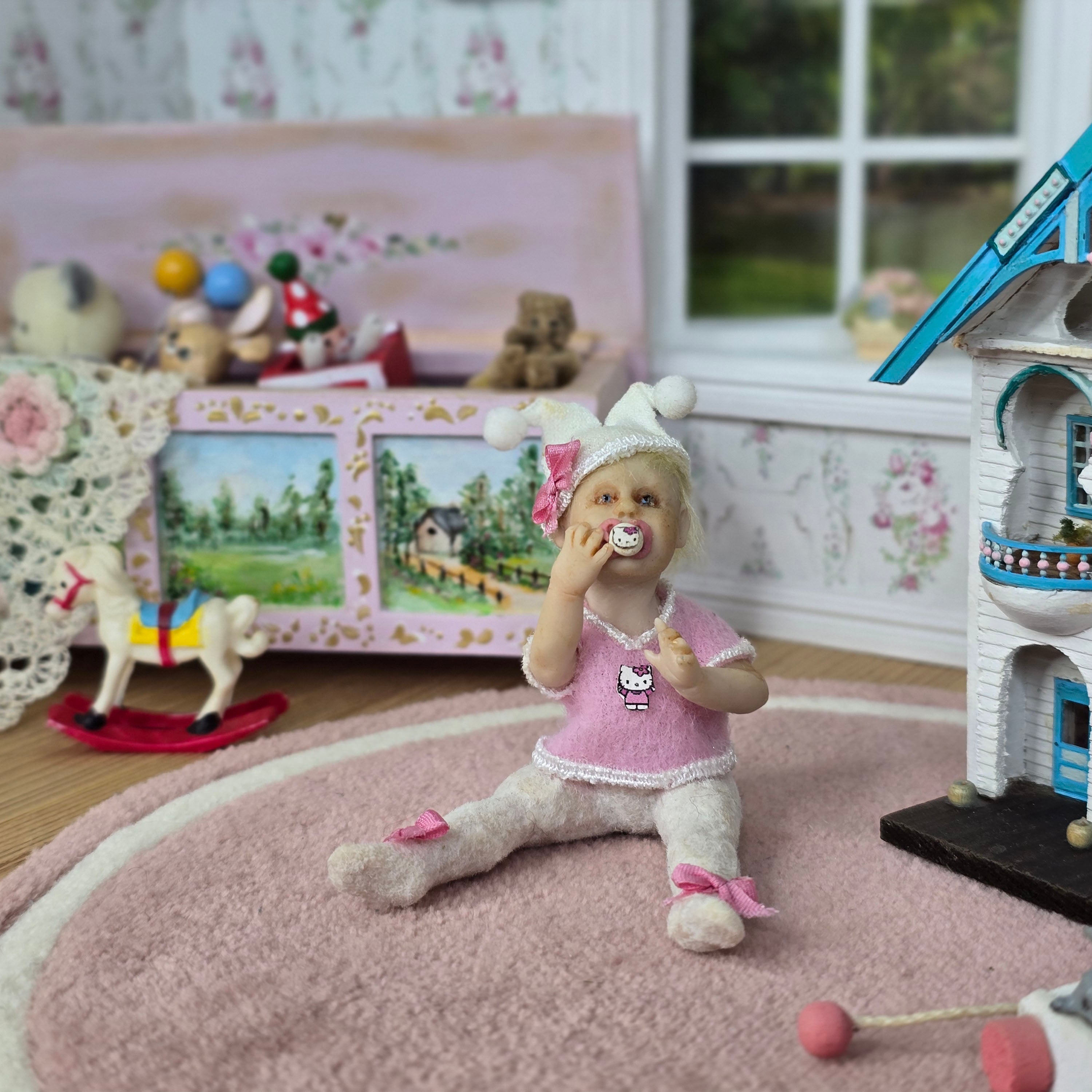 OOAK Hello Kitty Themed Seated Baby Girl Clay Infant Dollhouse Doll w Pacifier