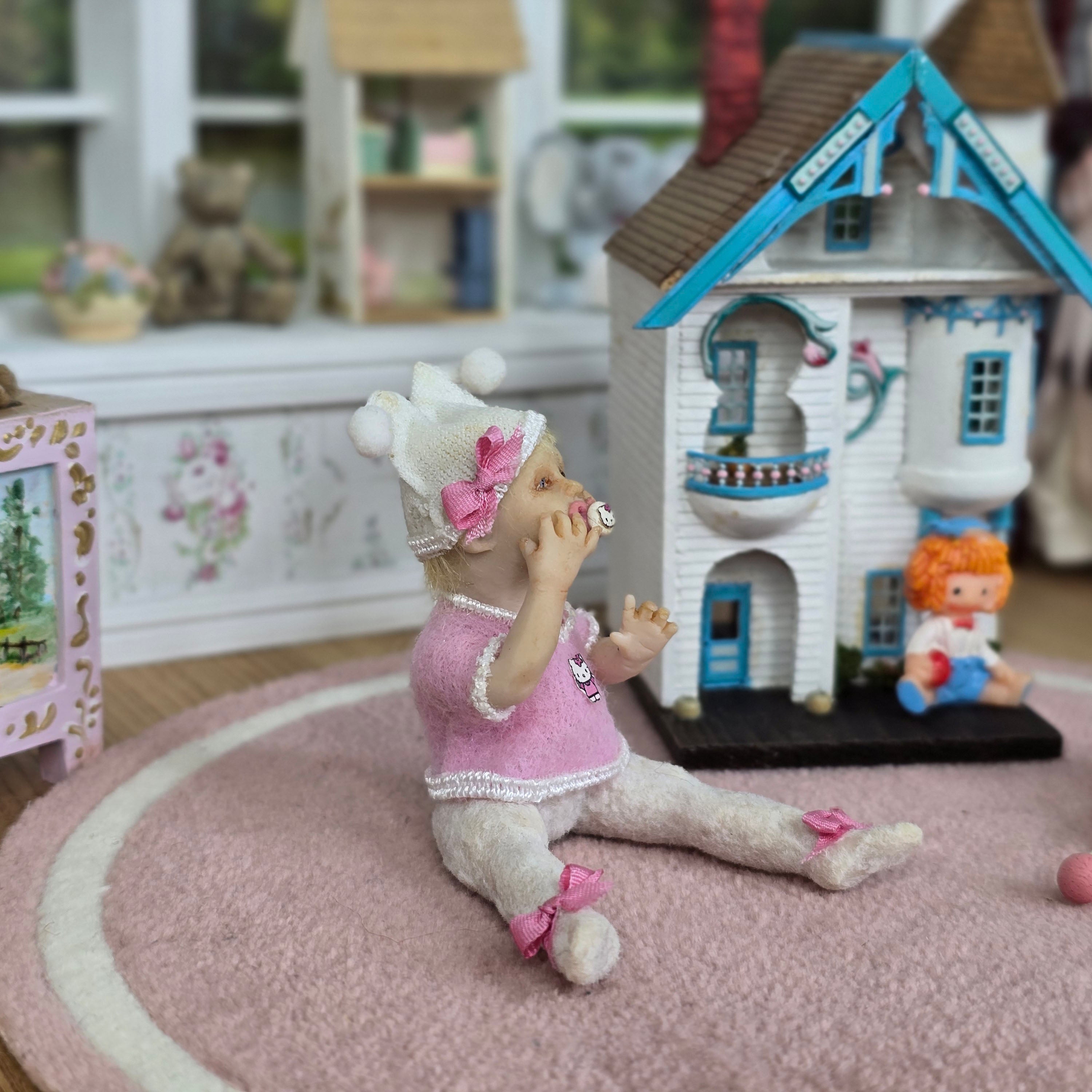 OOAK Hello Kitty Themed Seated Baby Girl Clay Infant Dollhouse Doll w Pacifier