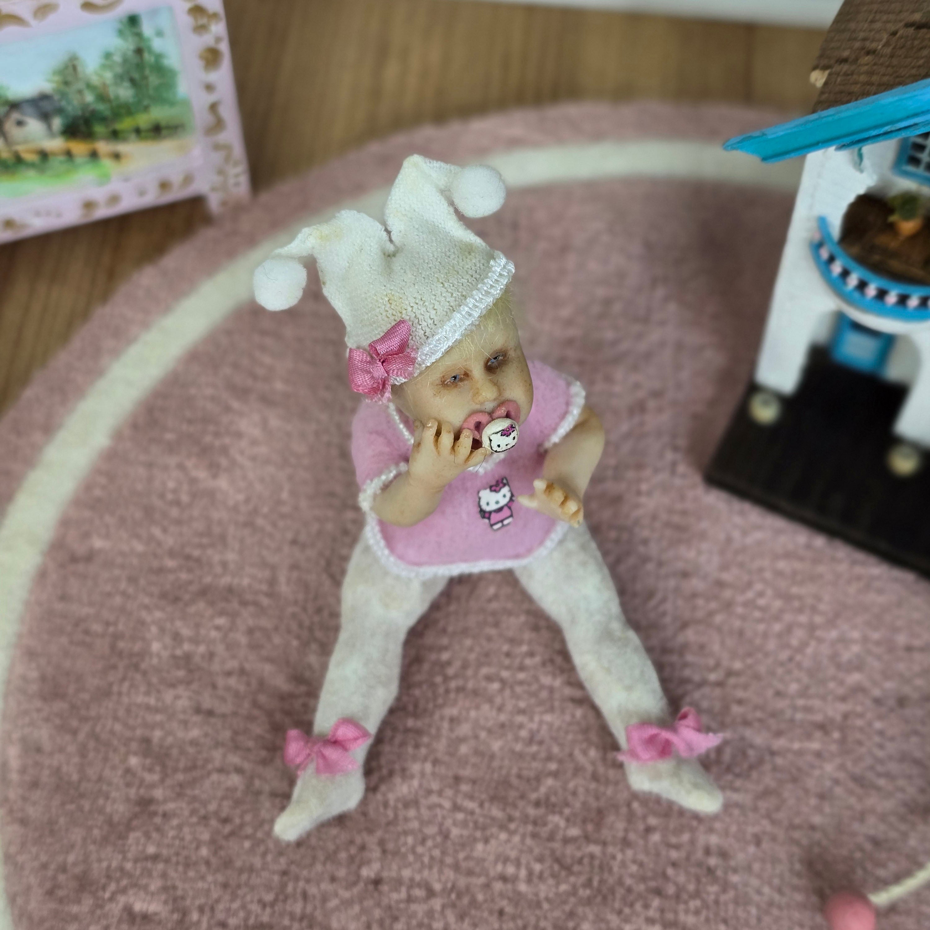 OOAK Hello Kitty Themed Seated Baby Girl Clay Infant Dollhouse Doll w Pacifier