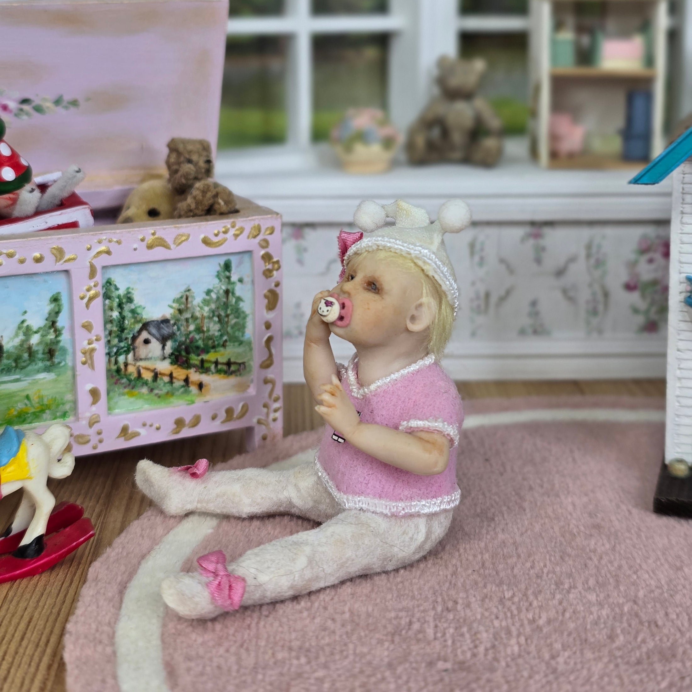 OOAK Hello Kitty Themed Seated Baby Girl Clay Infant Dollhouse Doll w Pacifier
