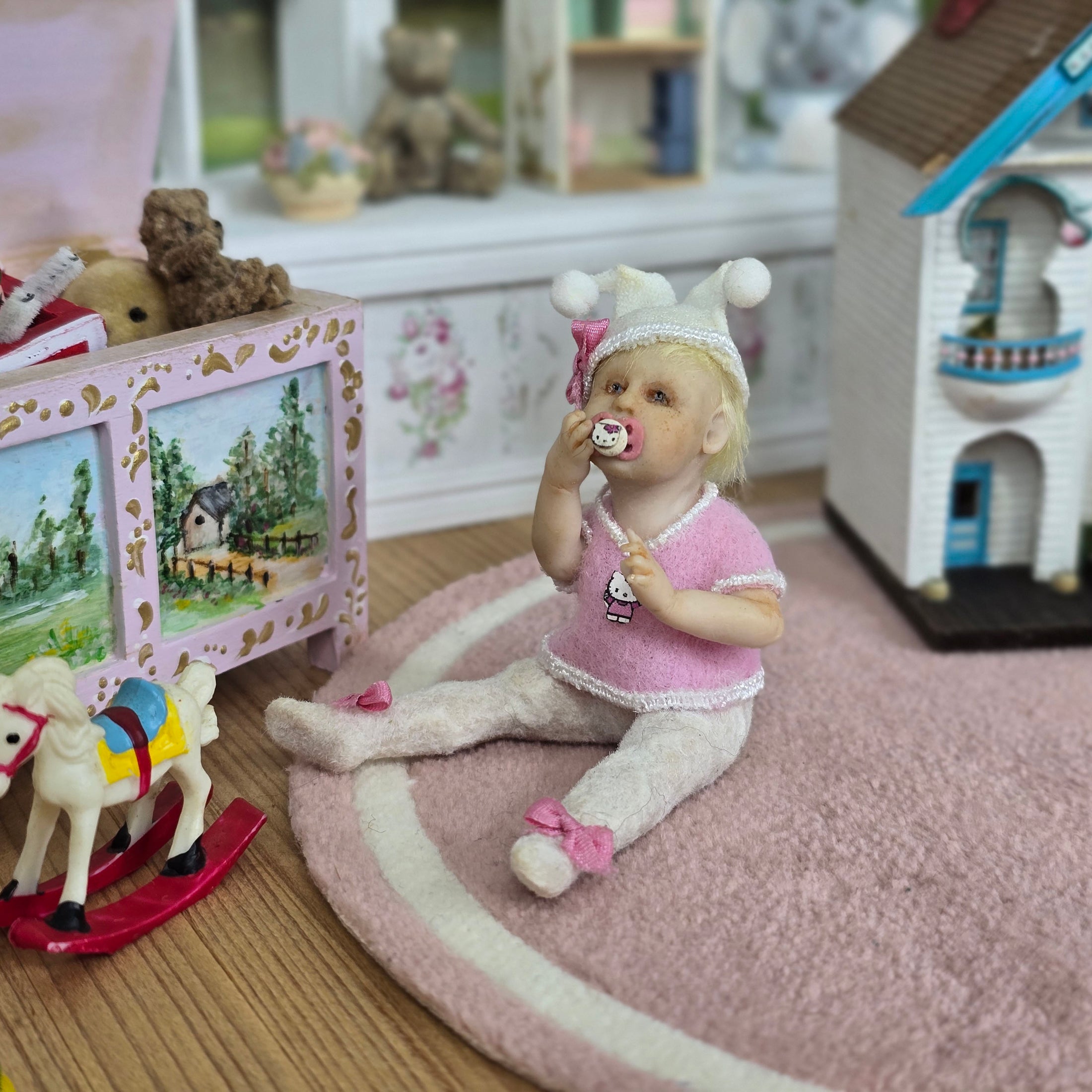 OOAK Hello Kitty Themed Seated Baby Girl Clay Infant Dollhouse Doll w Pacifier