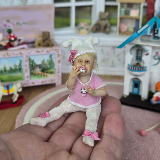 OOAK Hello Kitty Themed Seated Baby Girl Clay Infant Dollhouse Doll w Pacifier