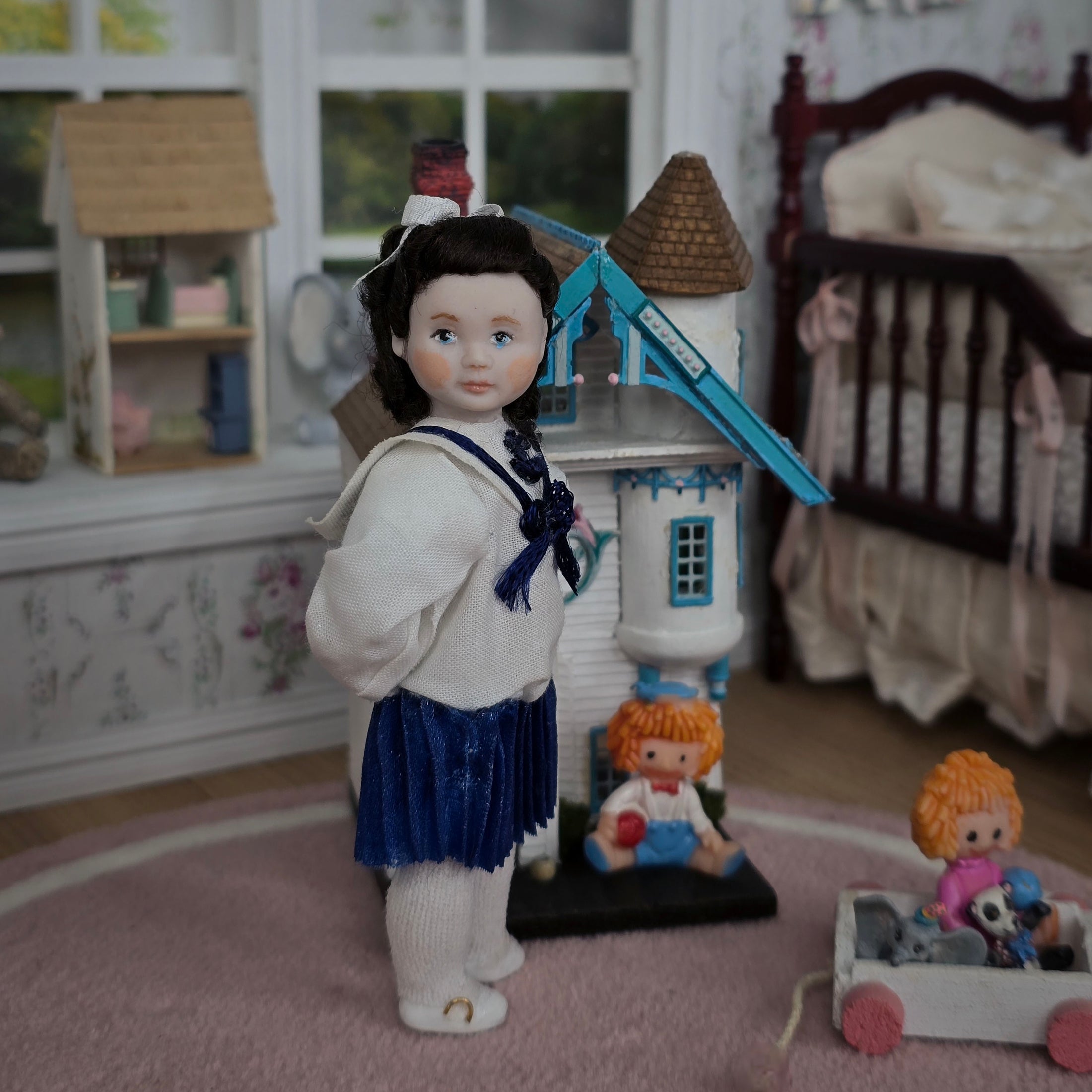OOAK Brunette Victorian Nautical Schoolgirl Porcelain Dollhouse Doll Little Girl