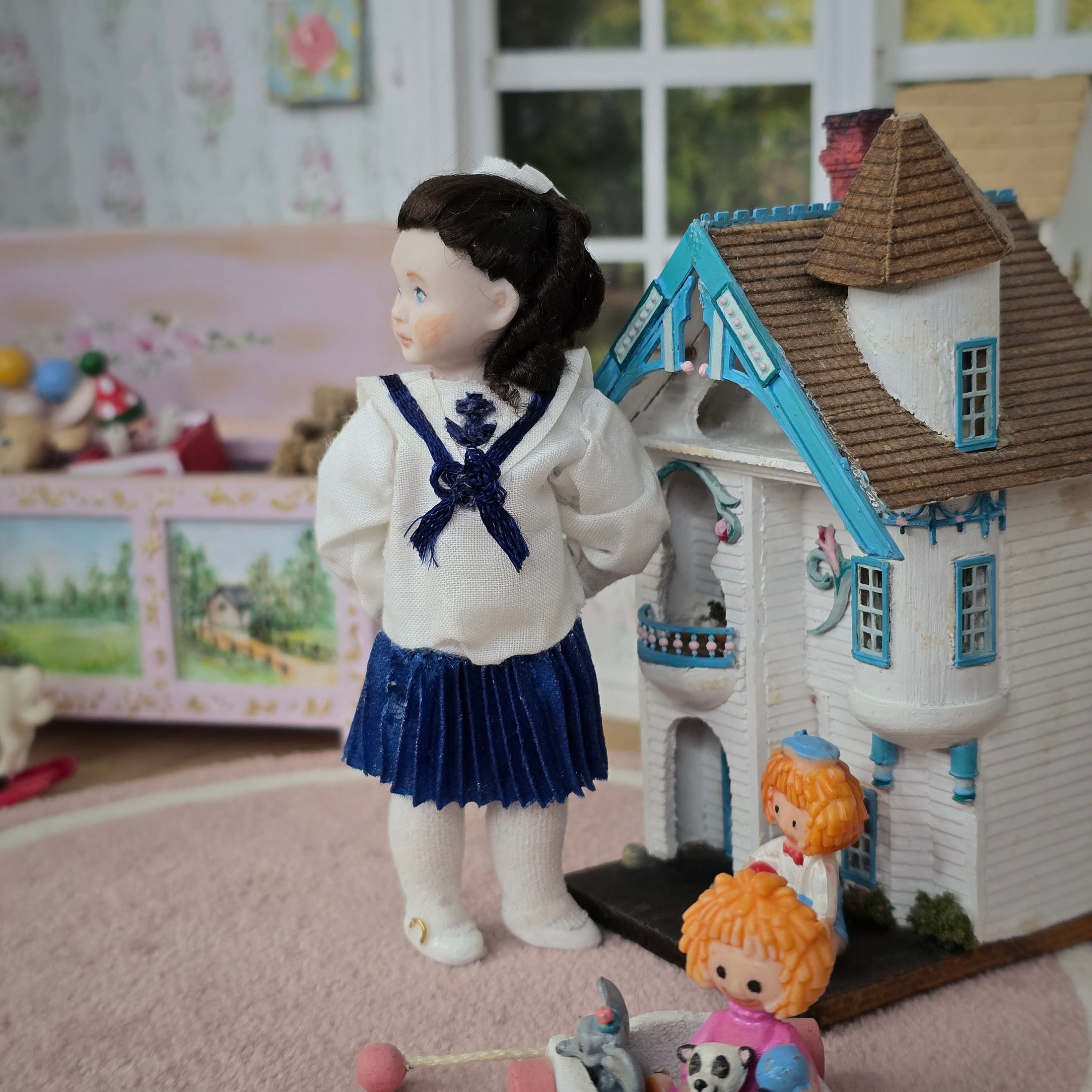 OOAK Brunette Victorian Nautical Schoolgirl Porcelain Dollhouse Doll Little Girl