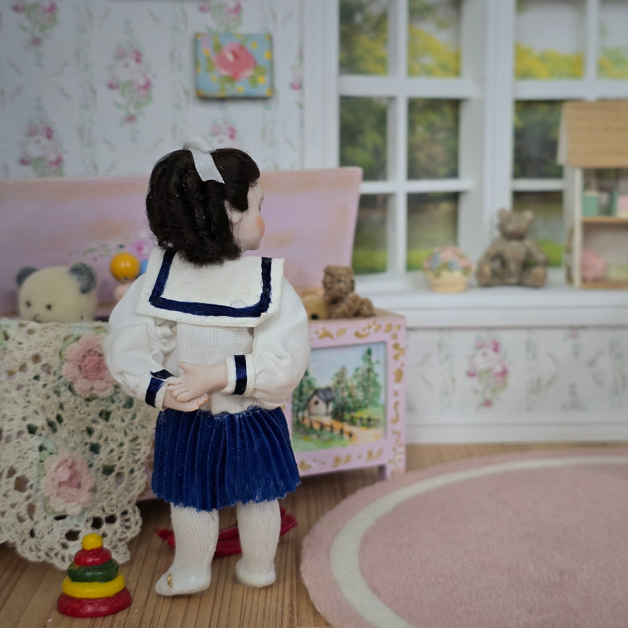 OOAK Brunette Victorian Nautical Schoolgirl Porcelain Dollhouse Doll Little Girl