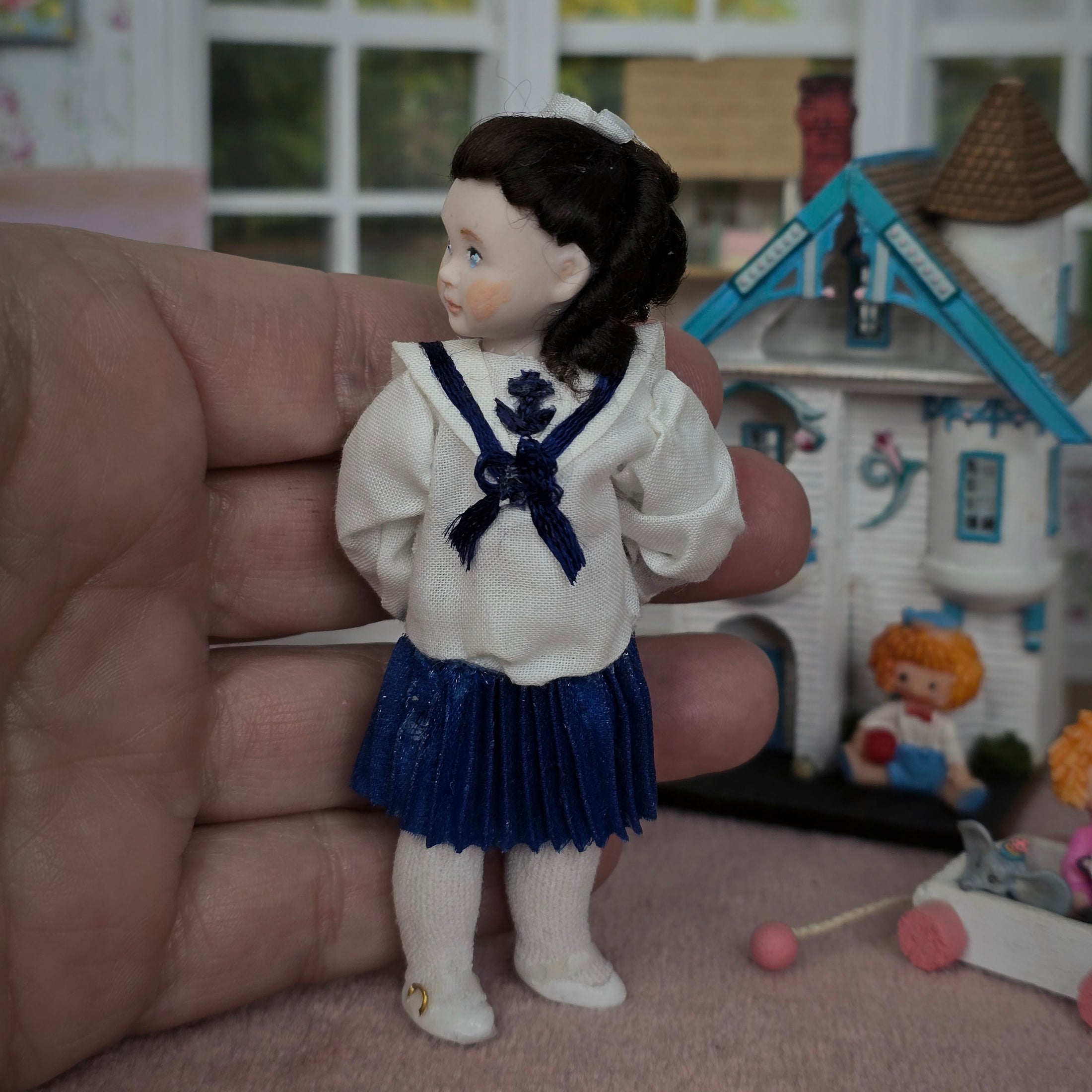 OOAK Brunette Victorian Nautical Schoolgirl Porcelain Dollhouse Doll Little Girl