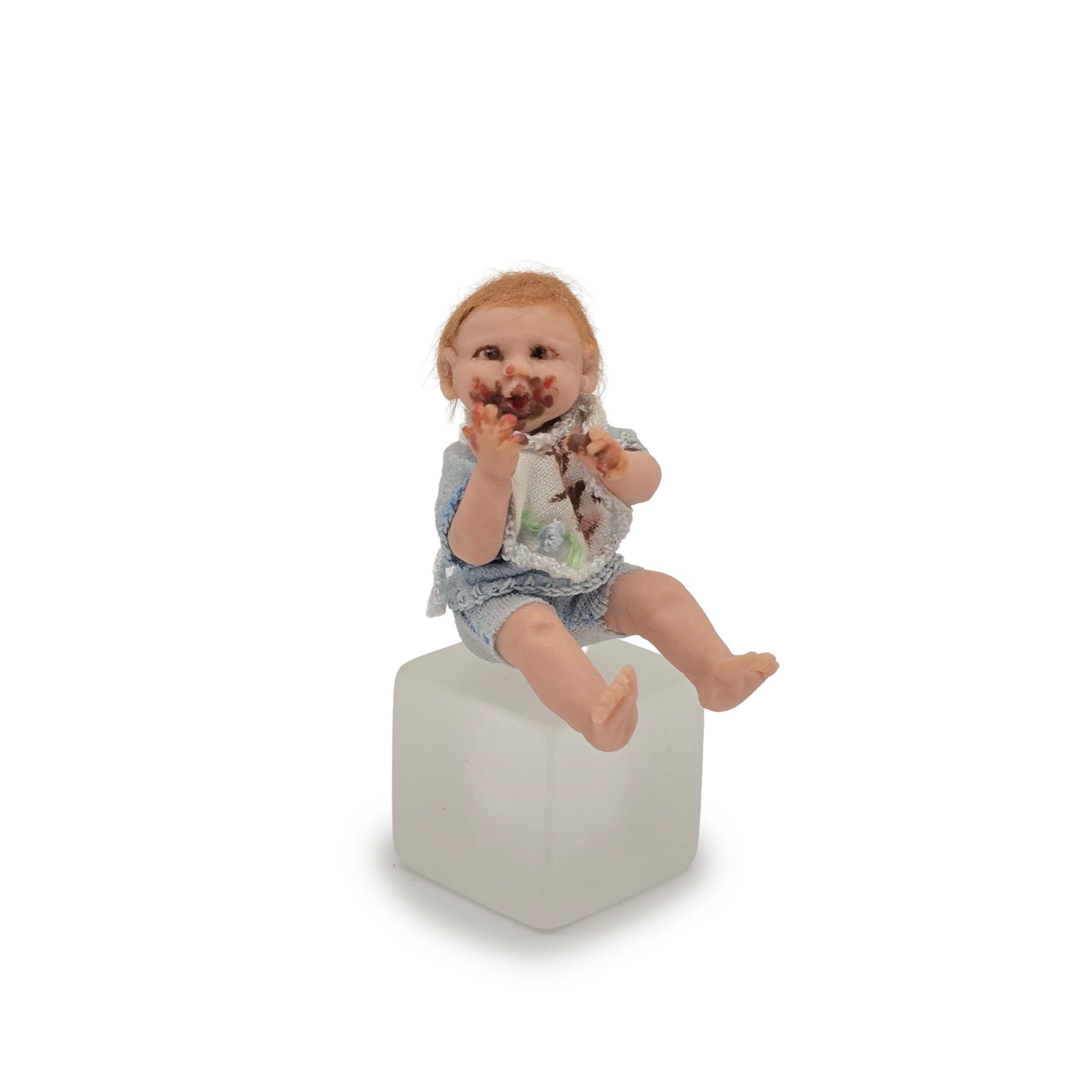 Messy Toddler Baby Boy Eating Realistic Clay Miniature Doll with Bib OOAK