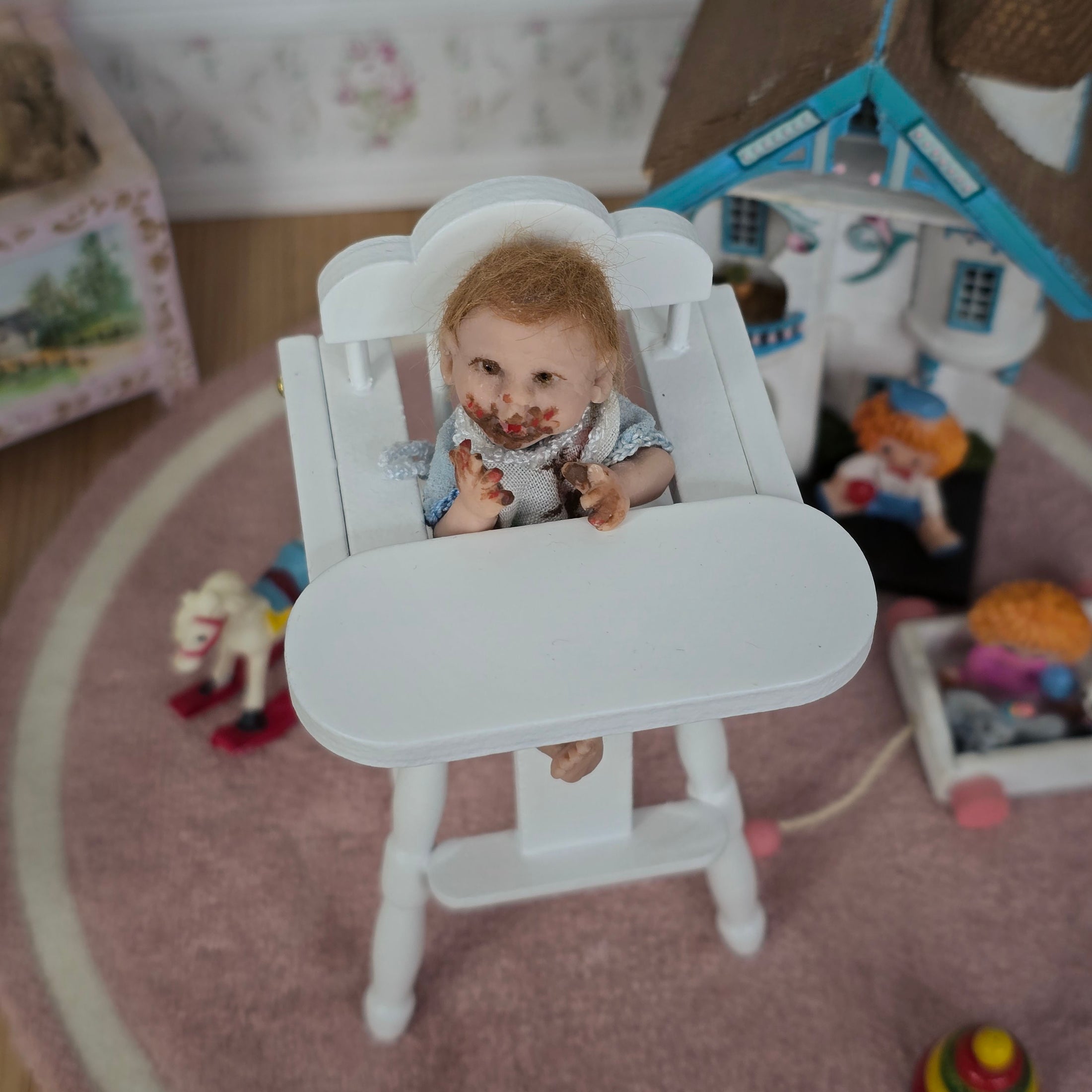 Messy Toddler Baby Boy Eating Realistic Clay Miniature Doll with Bib OOAK