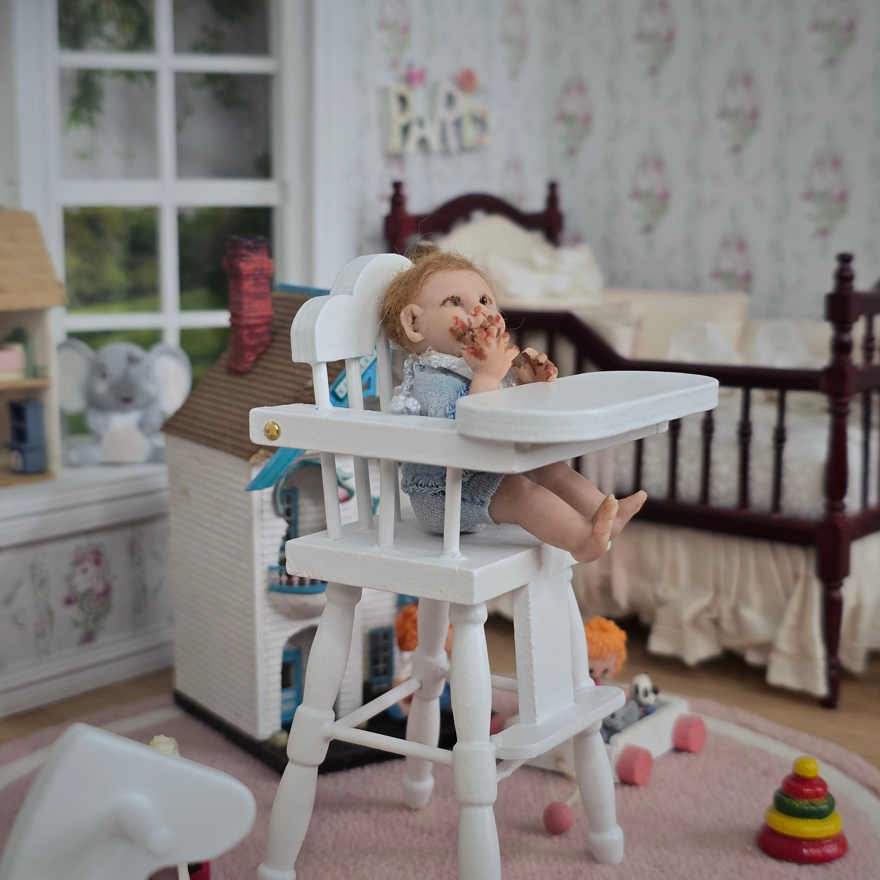 Messy Toddler Baby Boy Eating Realistic Clay Miniature Doll with Bib OOAK