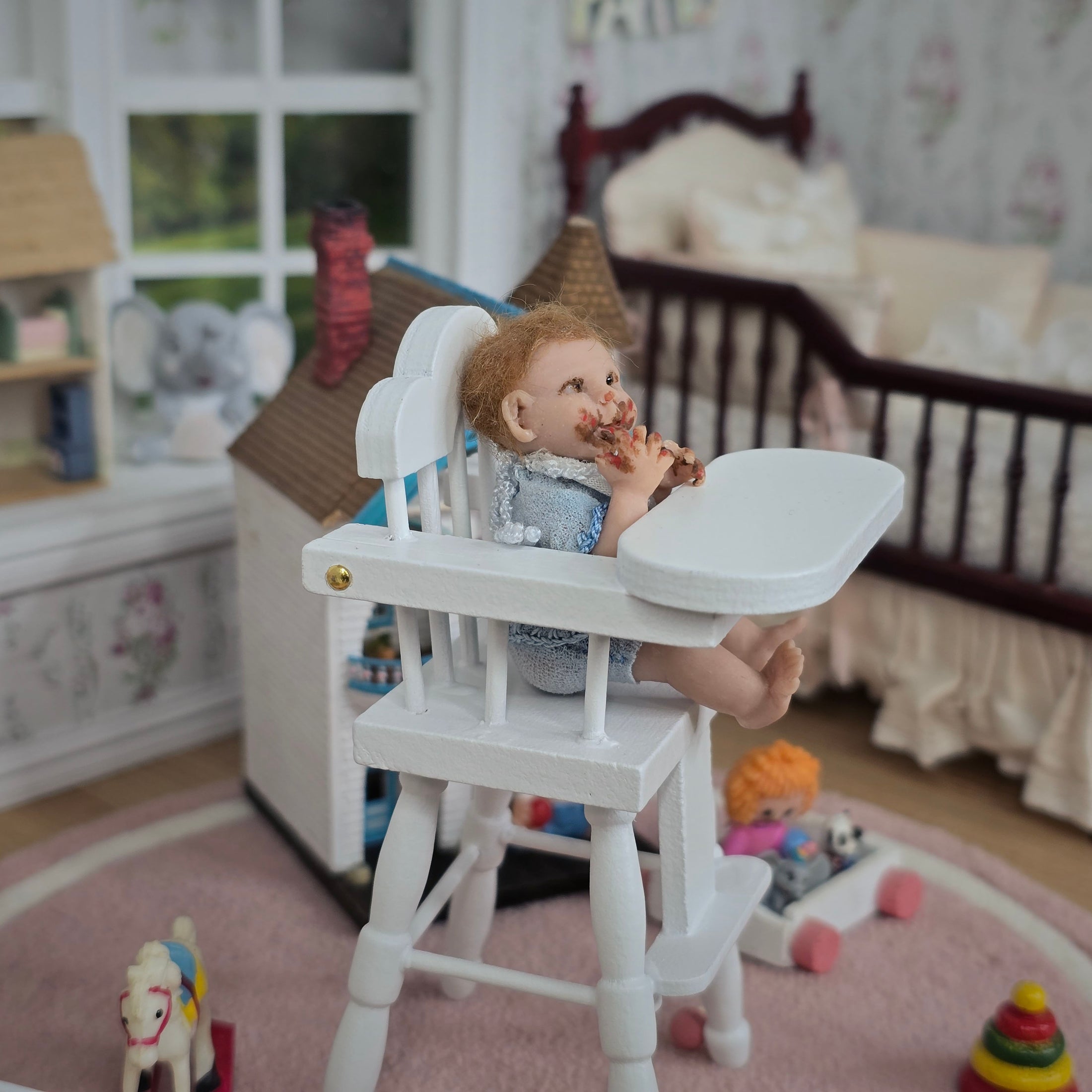 Messy Toddler Baby Boy Eating Realistic Clay Miniature Doll with Bib OOAK