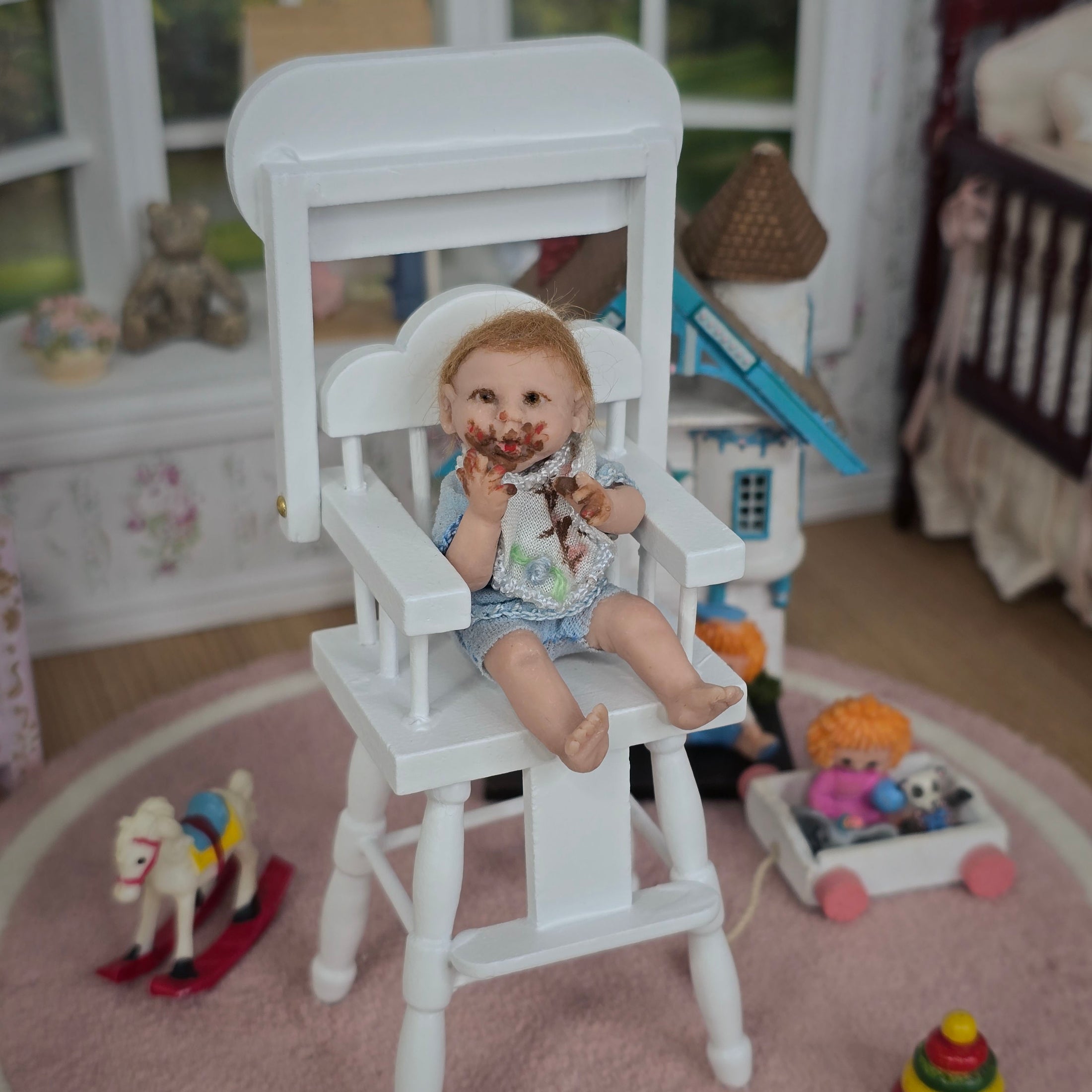 Messy Toddler Baby Boy Eating Realistic Clay Miniature Doll with Bib OOAK