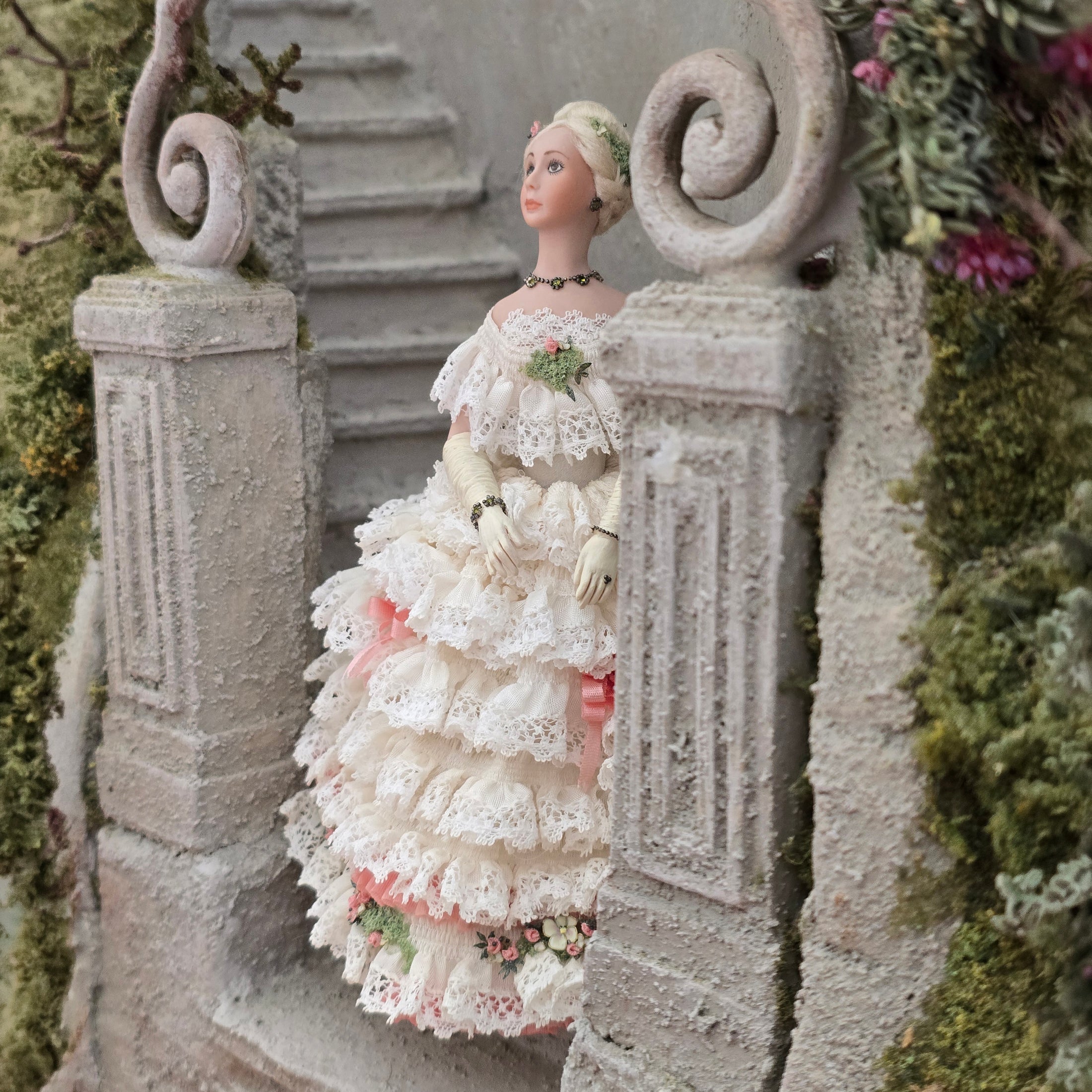 RESERVED SUSAN Victorian Lady Dollhouse Doll in Ivory Lace & Blush Silk