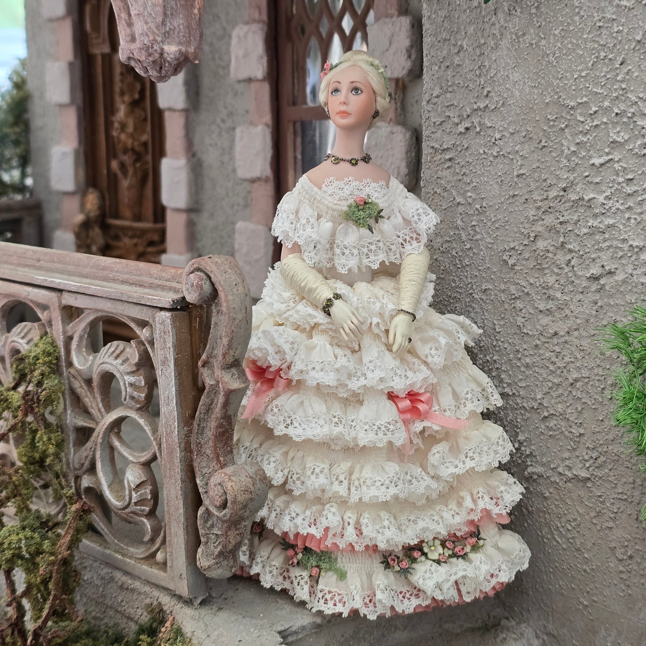 RESERVED SUSAN Victorian Lady Dollhouse Doll in Ivory Lace & Blush Silk