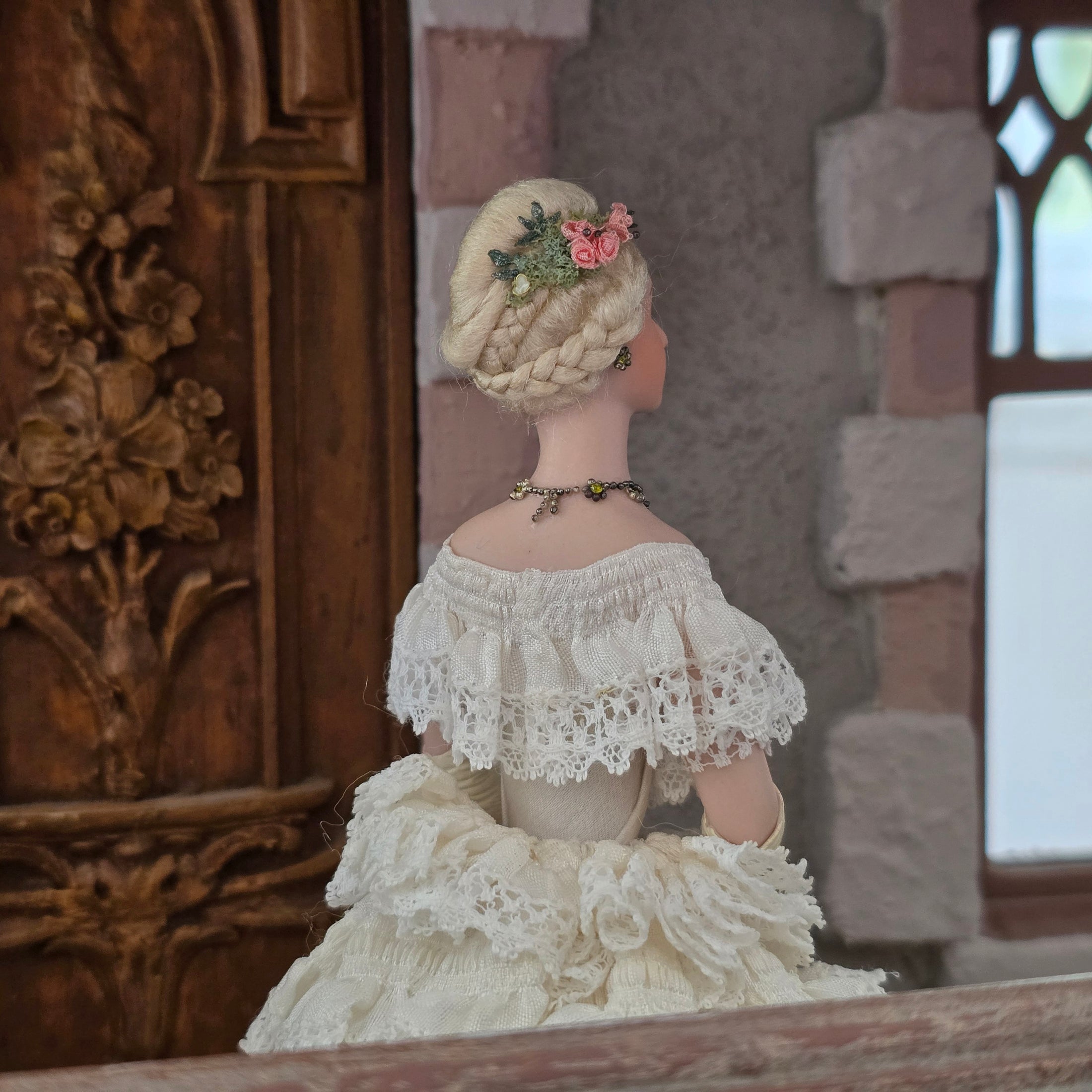 RESERVED SUSAN Victorian Lady Dollhouse Doll in Ivory Lace & Blush Silk