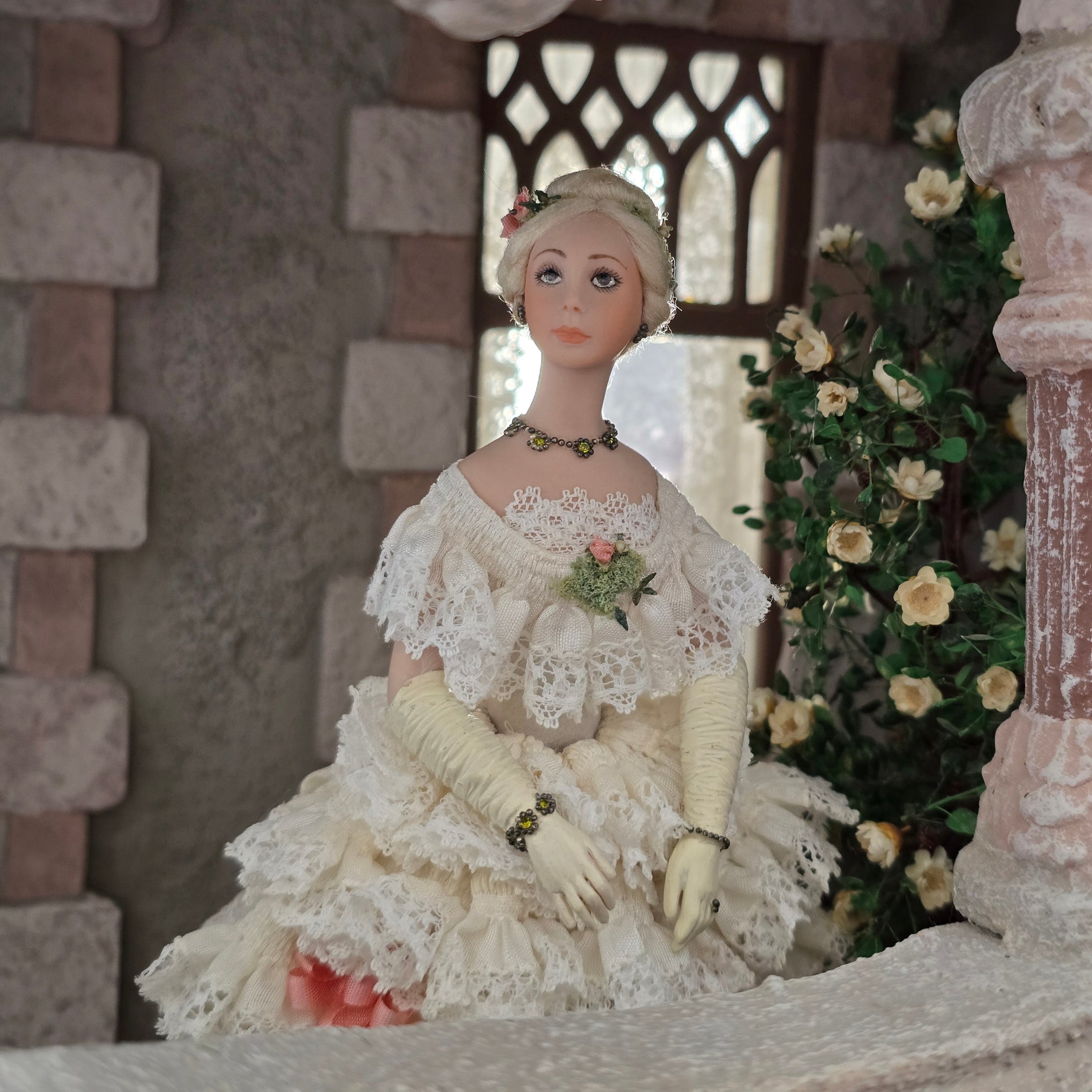 RESERVED SUSAN Victorian Lady Dollhouse Doll in Ivory Lace & Blush Silk