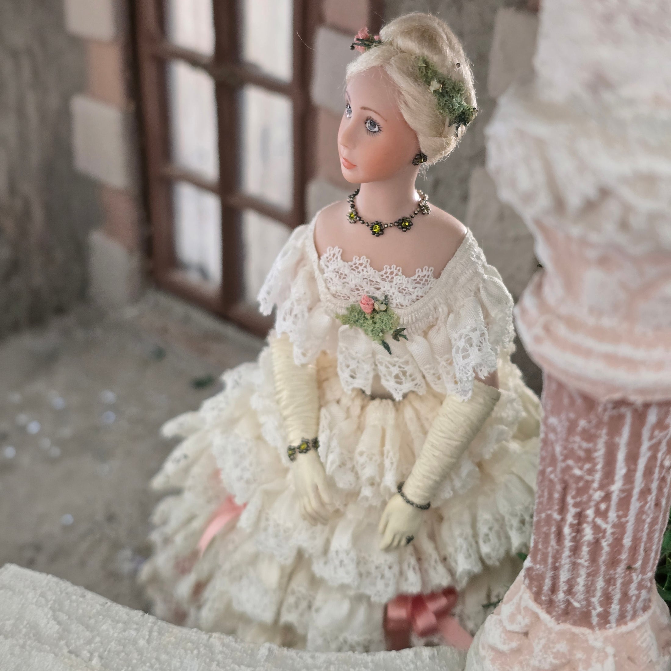 RESERVED SUSAN Victorian Lady Dollhouse Doll in Ivory Lace & Blush Silk
