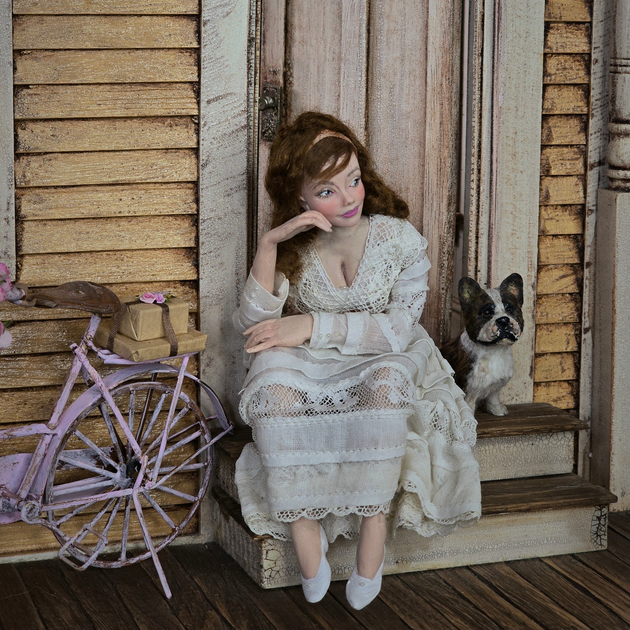 Marcia Backstrom Edwardian Seated Lady Doll in Antique Lace Gown, Quiet Seated Pose