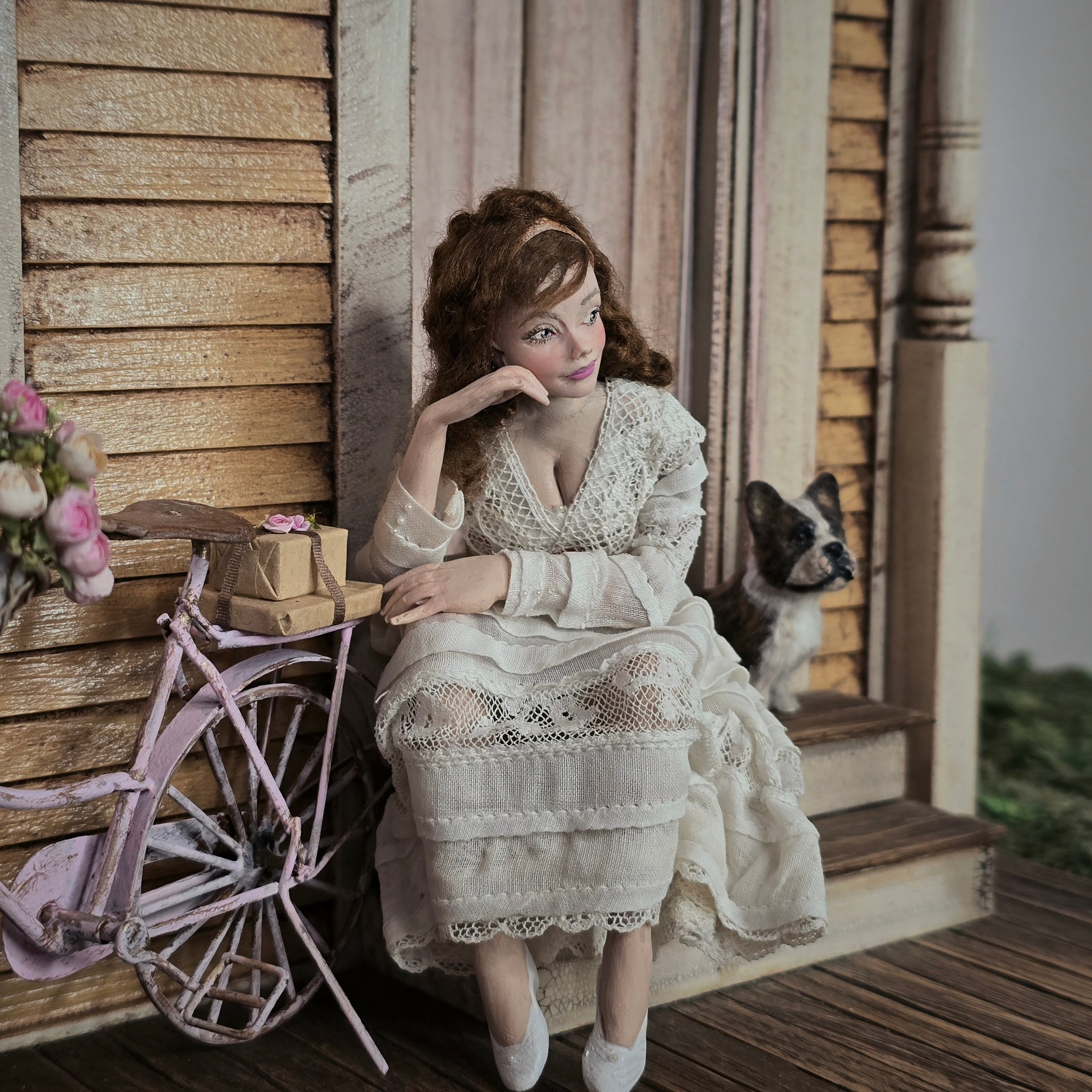 Marcia Backstrom Edwardian Seated Lady Doll in Antique Lace Gown, Quiet Seated Pose