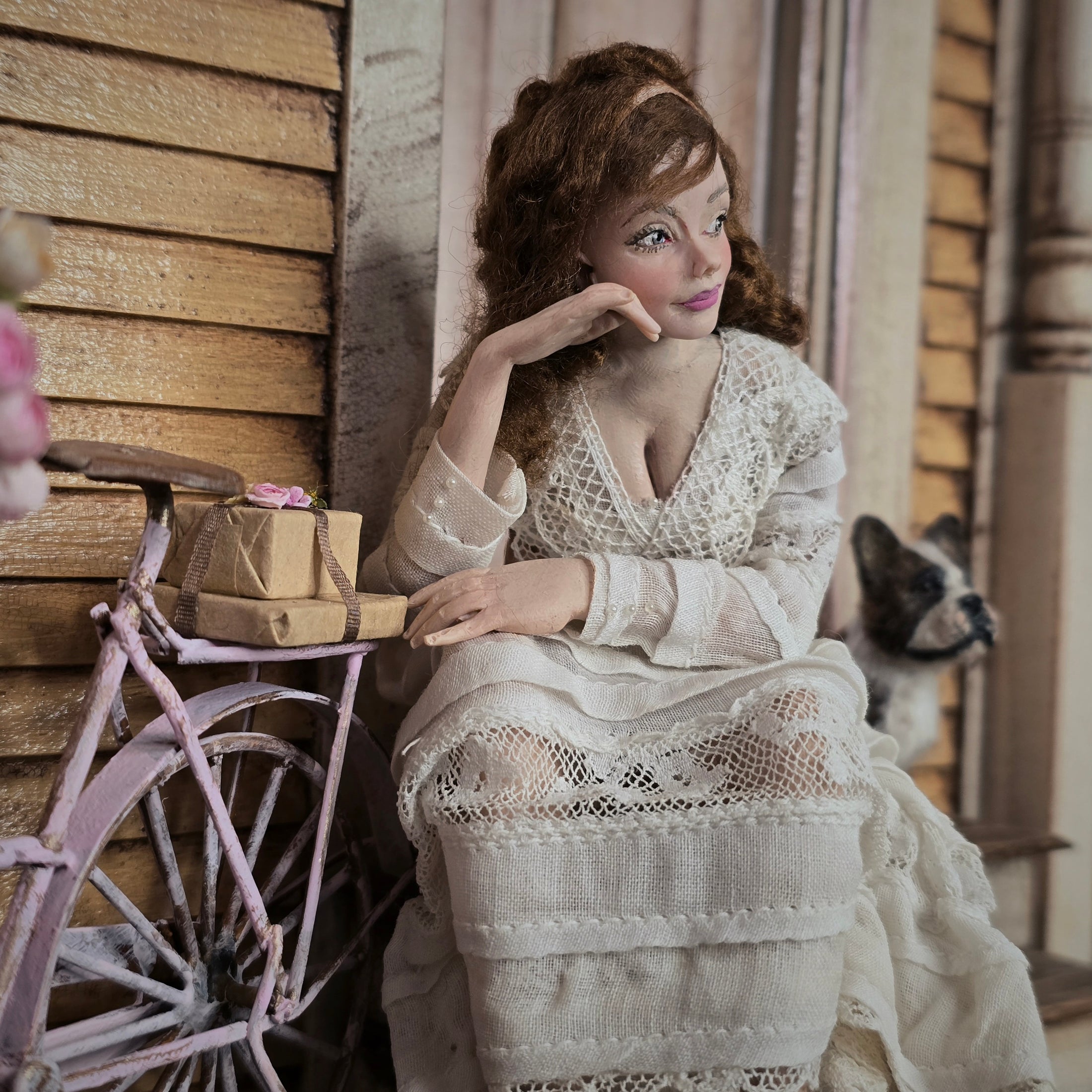 Marcia Backstrom Edwardian Seated Lady Doll in Antique Lace Gown, Quiet Seated Pose